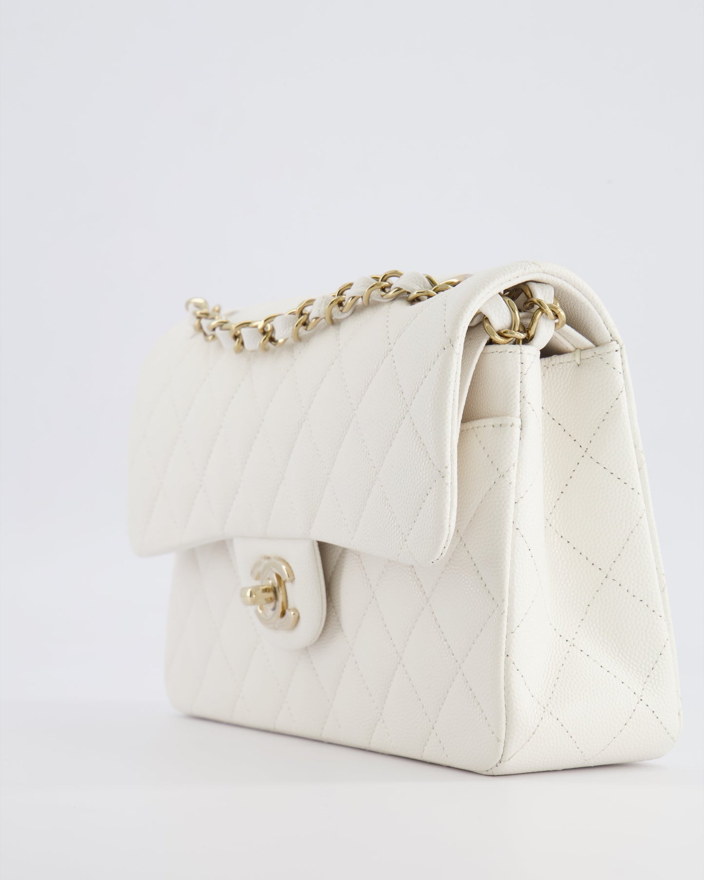 *HOT & RARE* Chanel White Small Classic Double Flap Bag in Caviar Leather with Champagne Gold Hardware