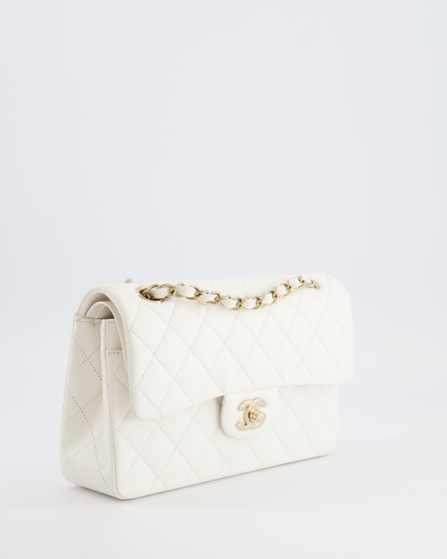 *HOT & RARE* Chanel White Small Classic Double Flap Bag in Caviar Leather with Champagne Gold Hardware