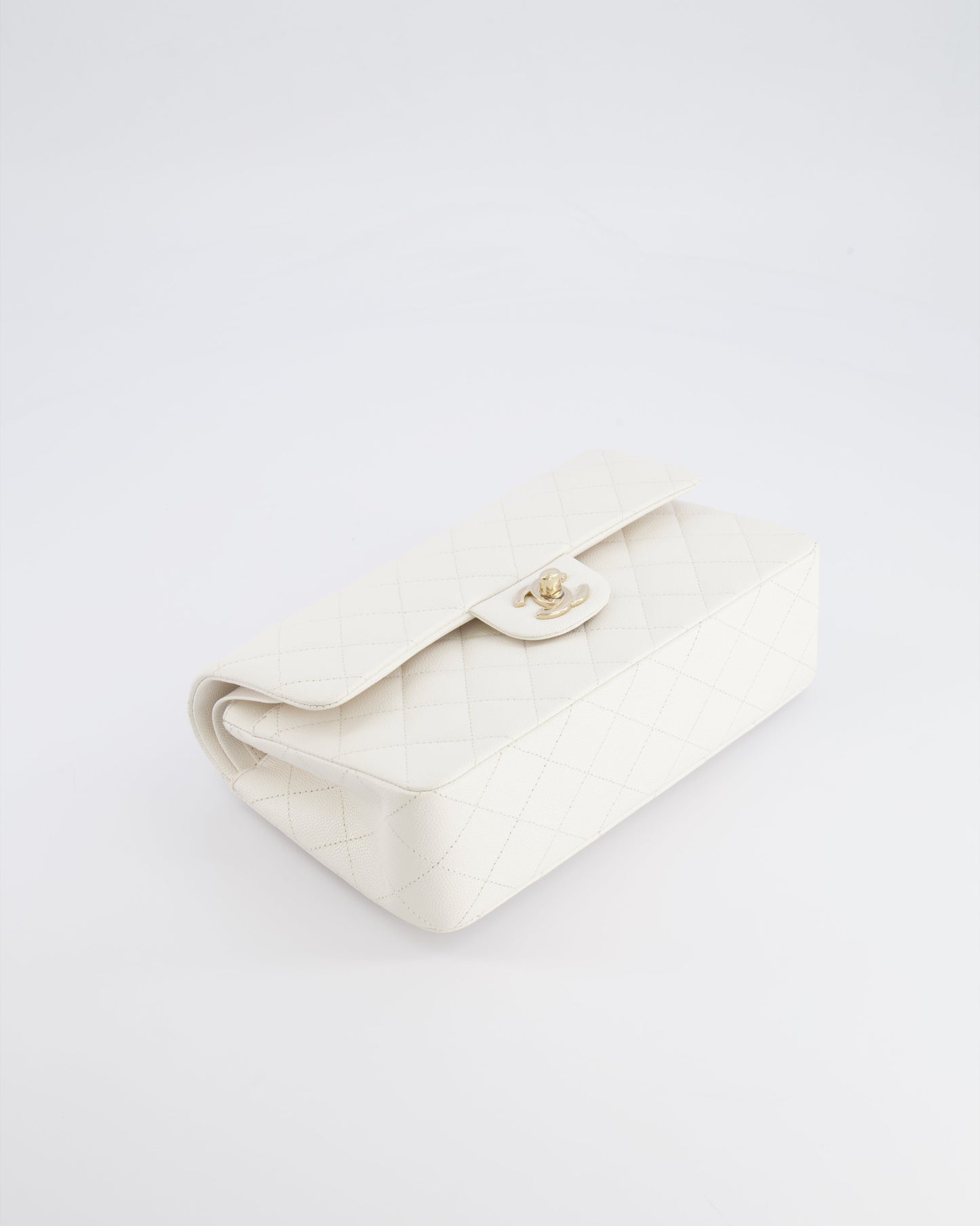 *HOT & RARE* Chanel White Small Classic Double Flap Bag in Caviar Leather with Champagne Gold Hardware