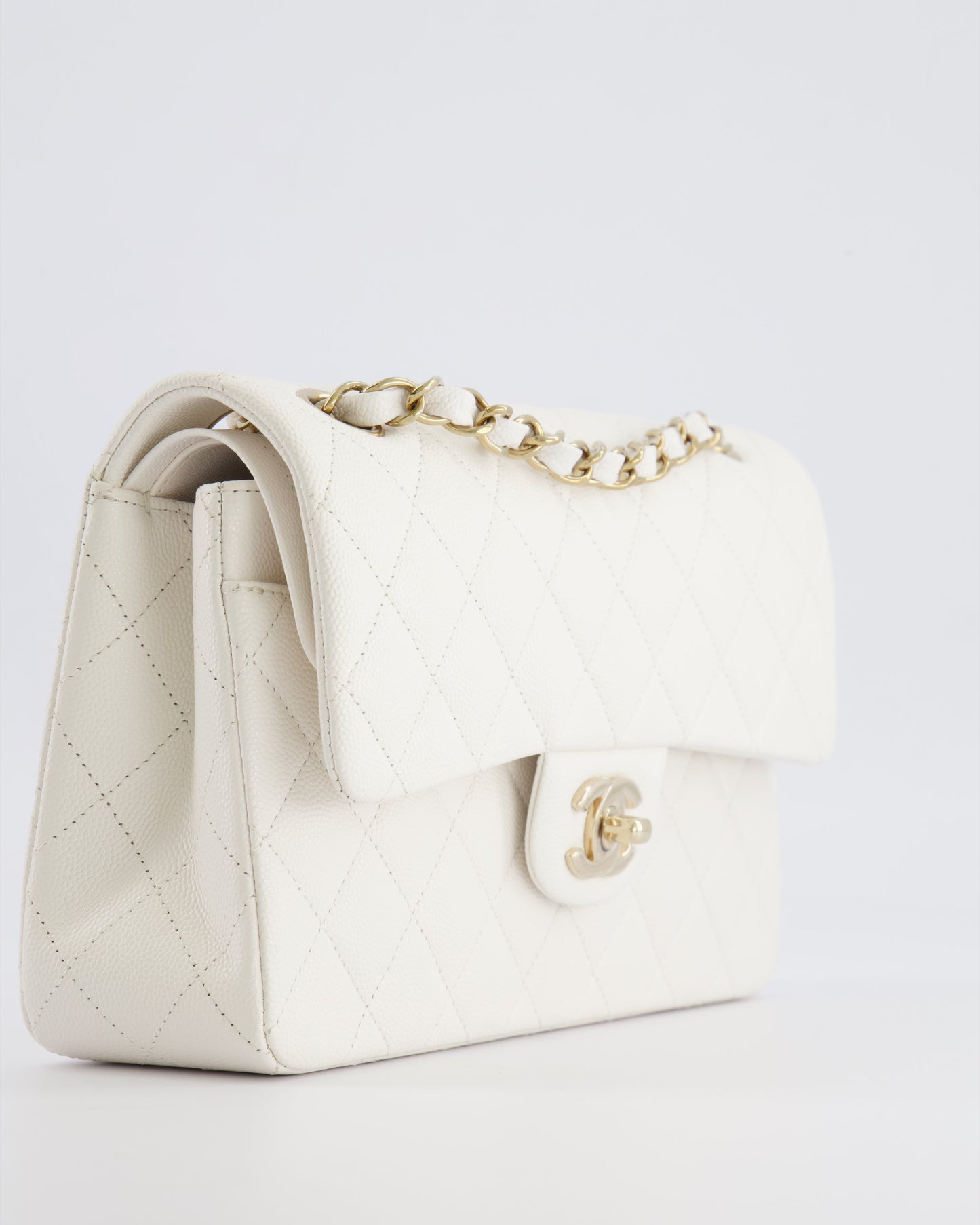*HOT & RARE* Chanel White Small Classic Double Flap Bag in Caviar Leather with Champagne Gold Hardware