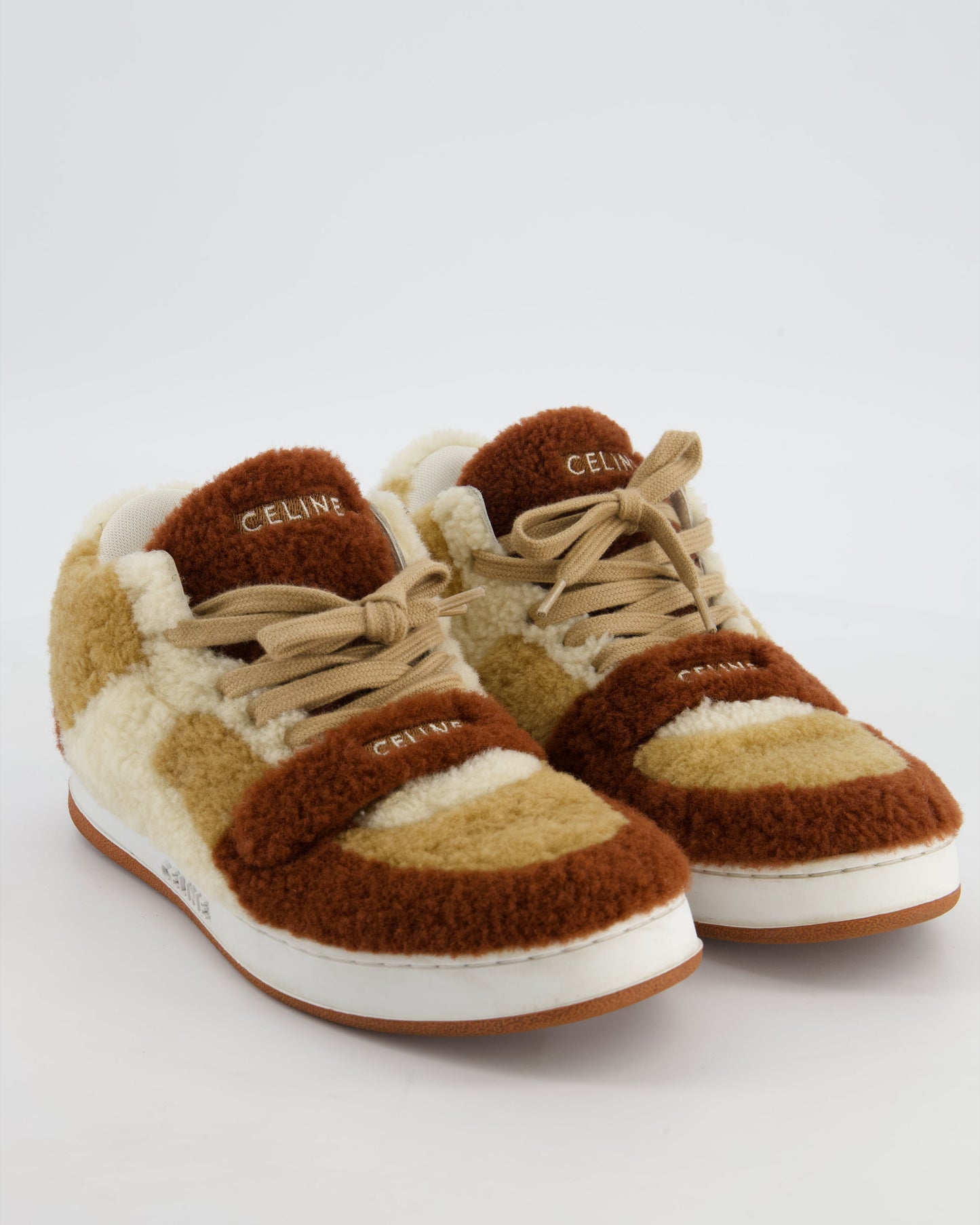 CŽline Brown and Cream Shearling Trainers with Logo Detail Size EU 37