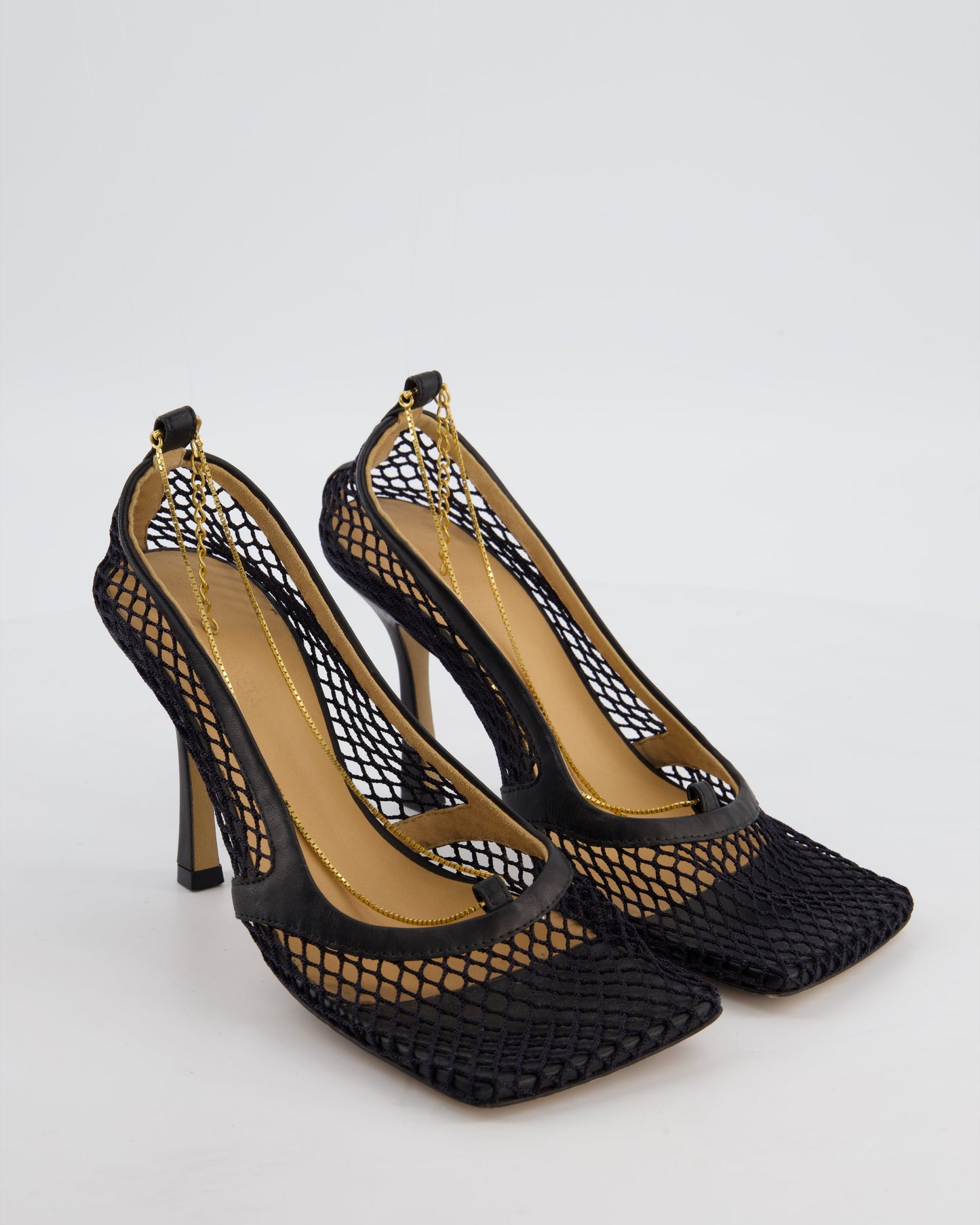 Bottega Veneta Black Mesh Stretch Heels with Gold Chain Detail Size EU 37 RRP £905
