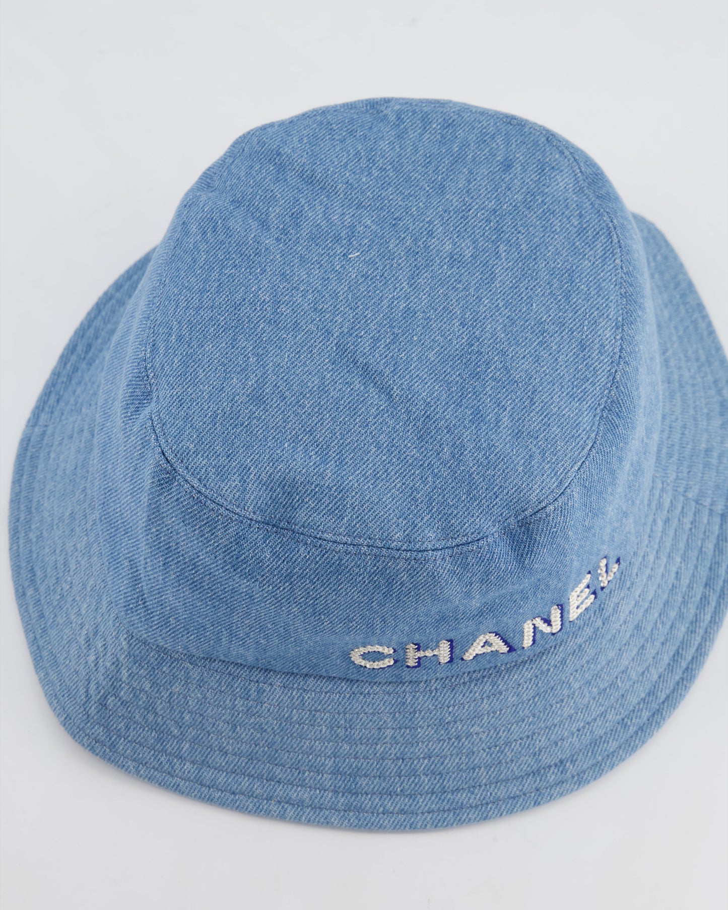 Chanel 22S Blue Denim Bucket Hat with White Stitched Sequin Chanel Logo Size L