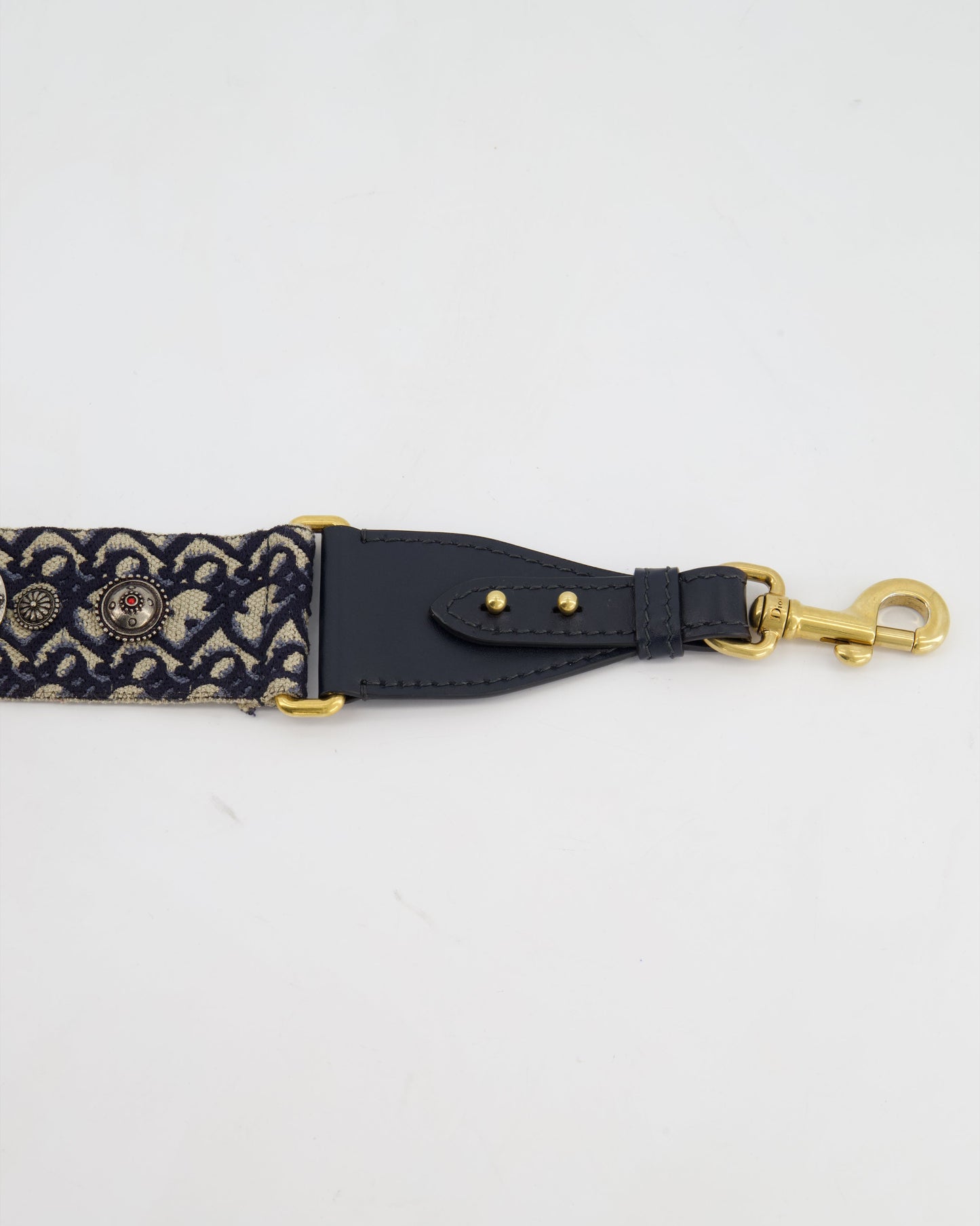 Christian Dior Navy, Cream Oblique Canvas Bag Strap with Silver Studs and Gold Clasps