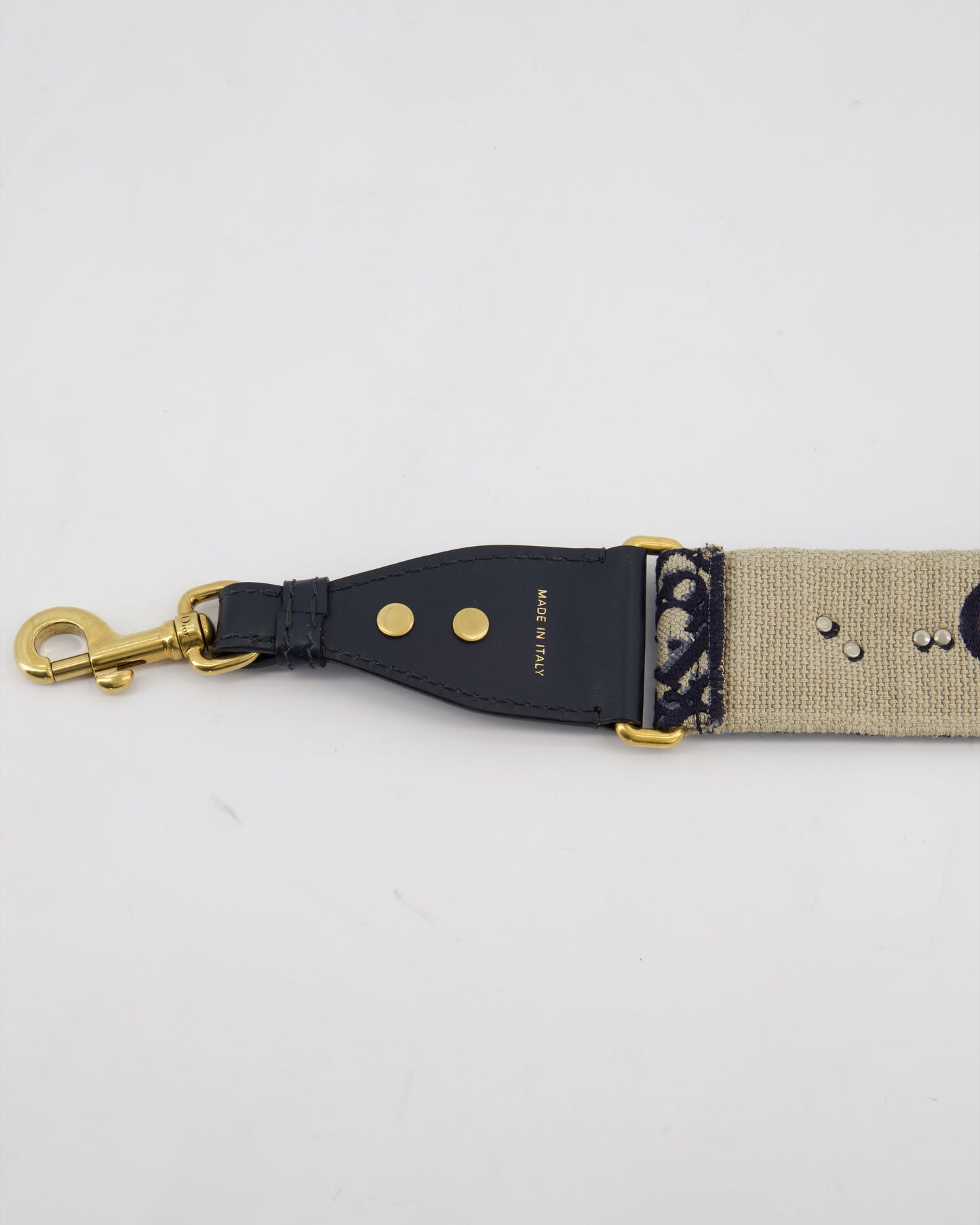 Christian Dior Navy, Cream Oblique Canvas Bag Strap with Silver Studs and Gold Clasps