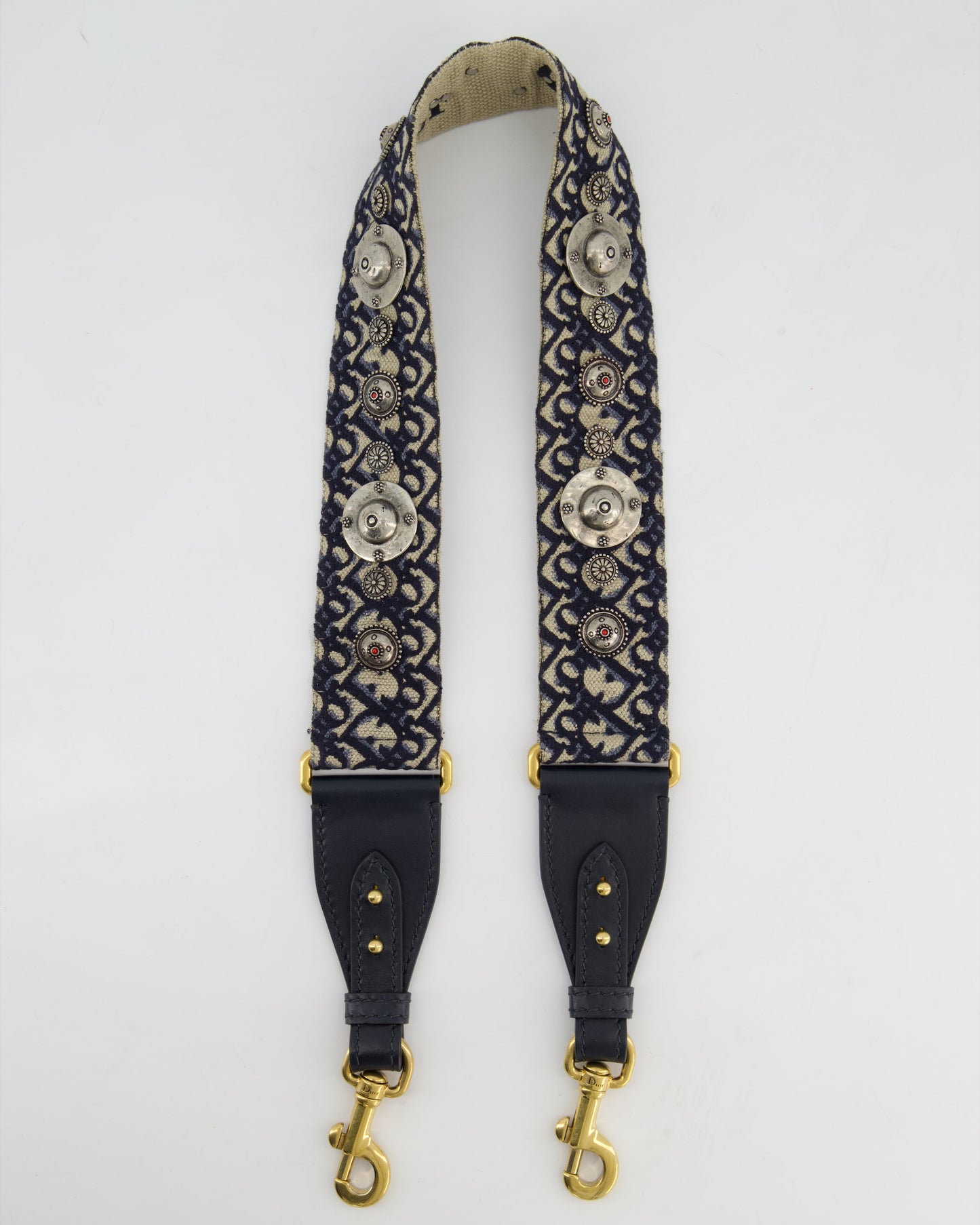Christian Dior Navy, Cream Oblique Canvas Bag Strap with Silver Studs and Gold Clasps