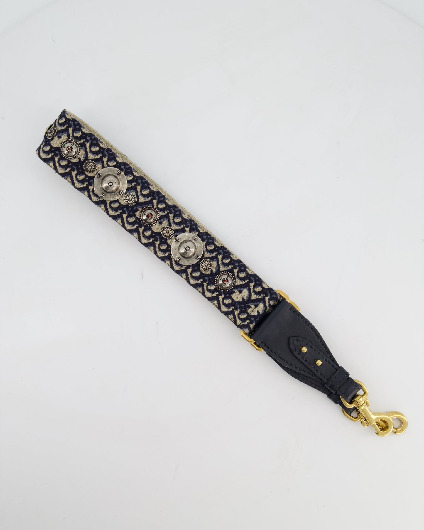 Christian Dior Navy, Cream Oblique Canvas Bag Strap with Silver Studs and Gold Clasps