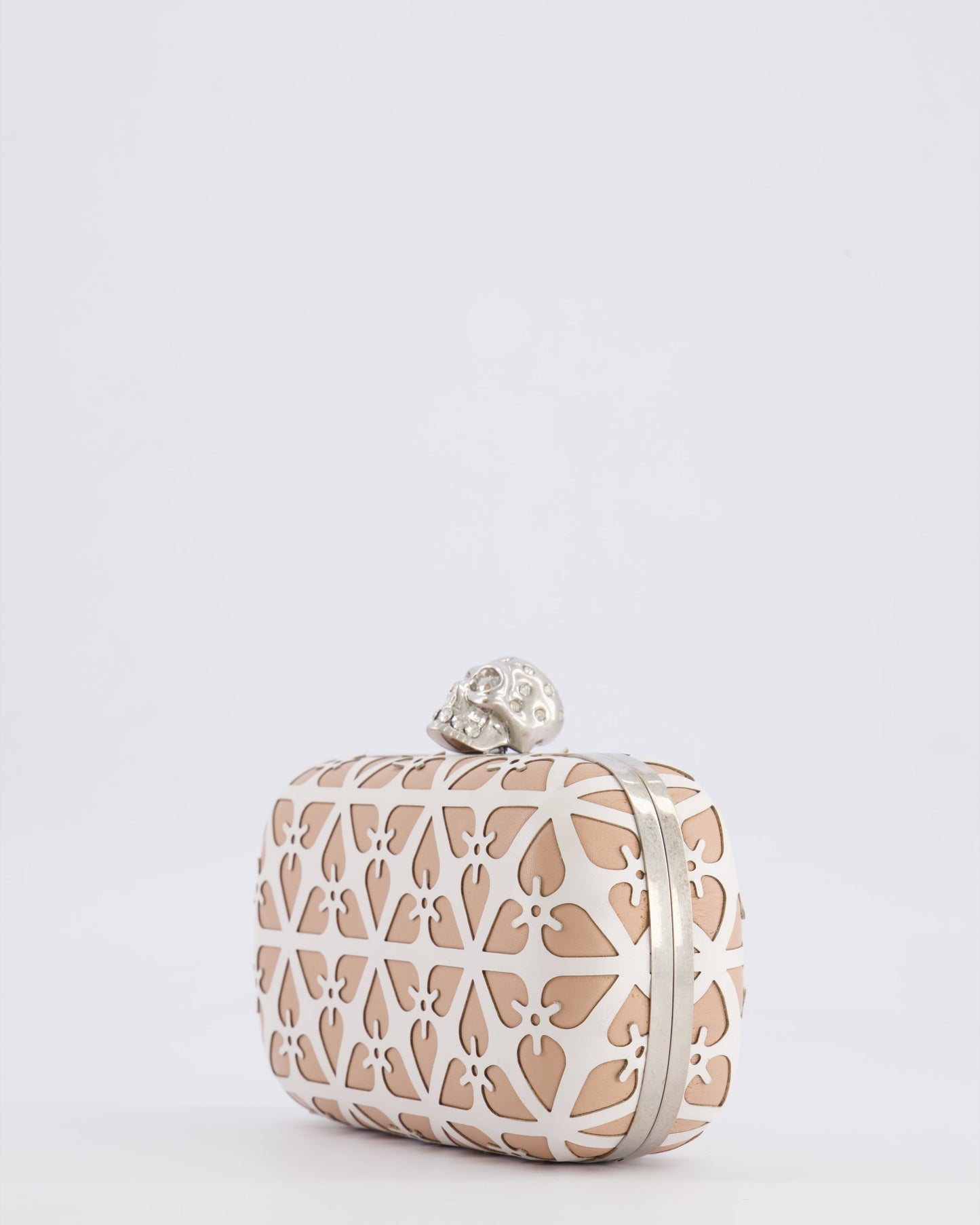 Alexander McQueen Beige and White Leather Laser Cut Skull Box Chain Clutch Bag with Silver and Crystal Embellished Skull Detail RRP £2,690
