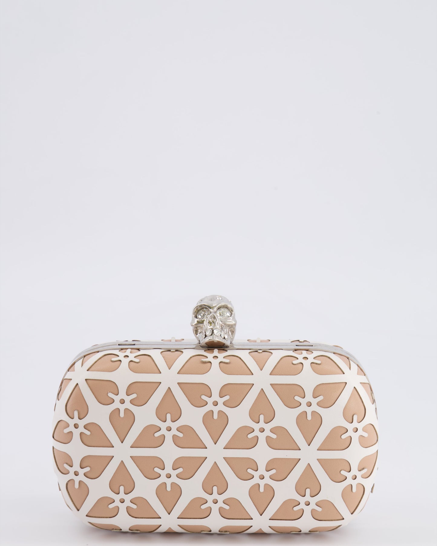 Alexander McQueen Beige and White Leather Laser Cut Skull Box Chain Clutch Bag with Silver and Crystal Embellished Skull Detail RRP £2,690