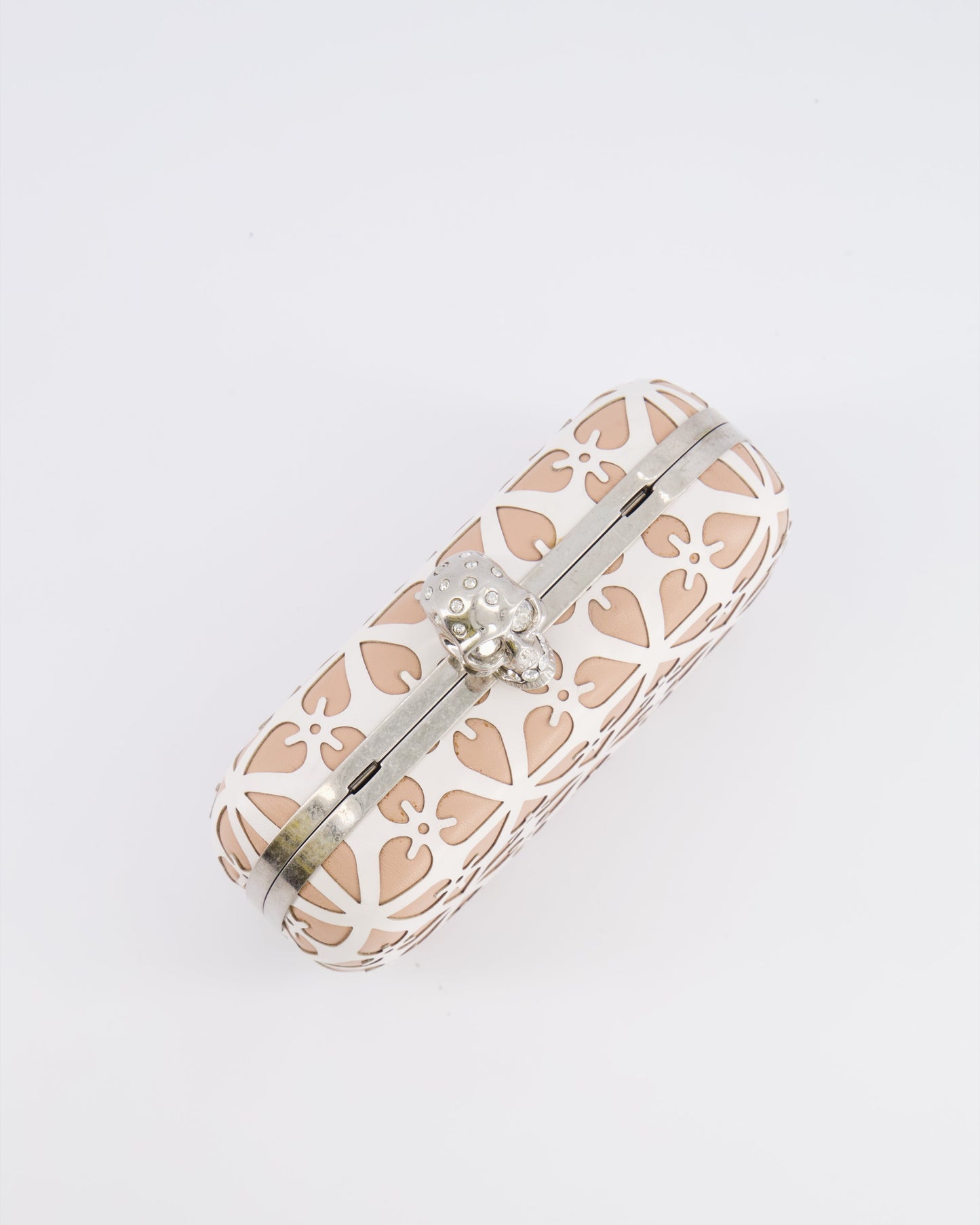 Alexander McQueen Beige and White Leather Laser Cut Skull Box Chain Clutch Bag with Silver and Crystal Embellished Skull Detail RRP £2,690