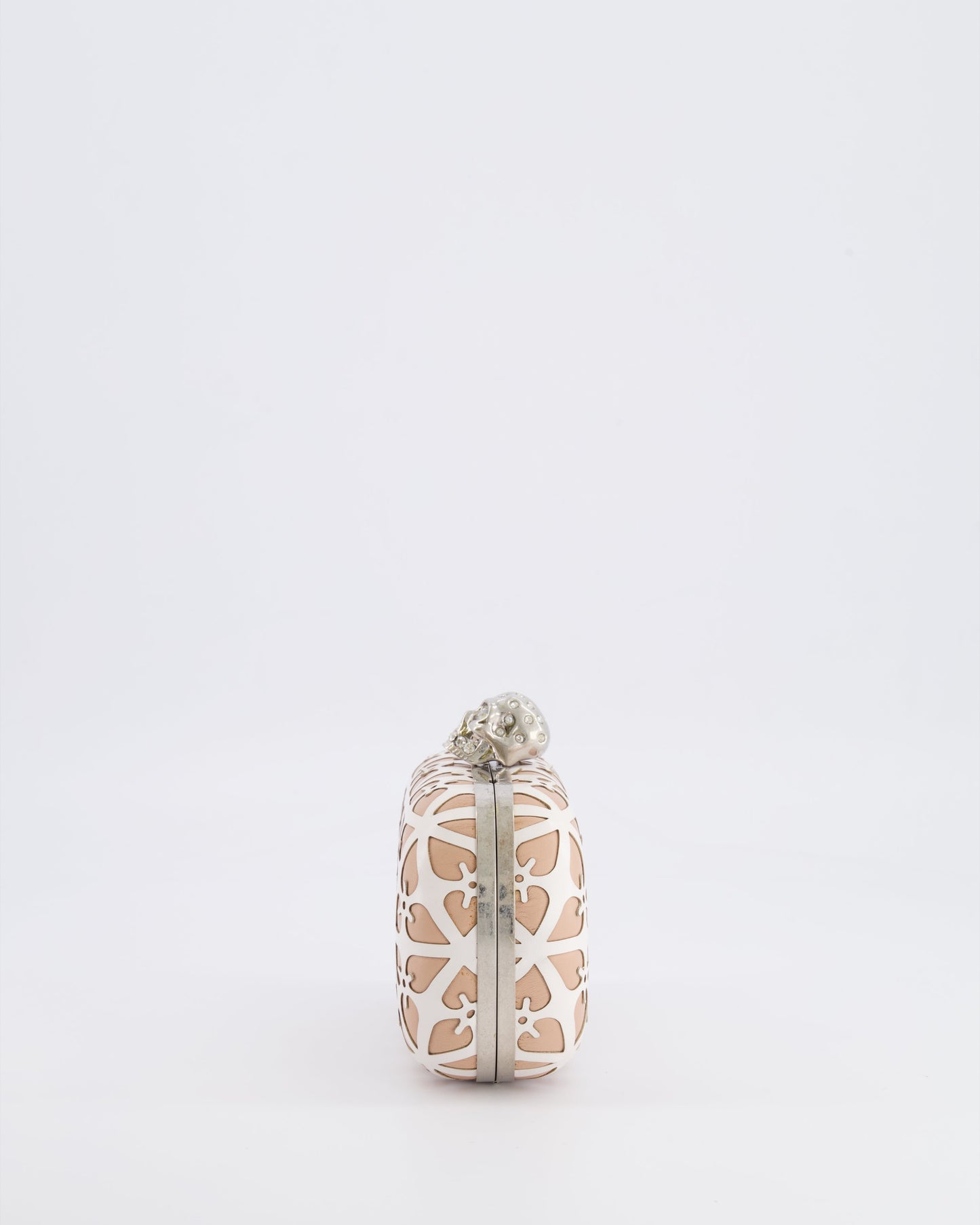 Alexander McQueen Beige and White Leather Laser Cut Skull Box Chain Clutch Bag with Silver and Crystal Embellished Skull Detail RRP £2,690
