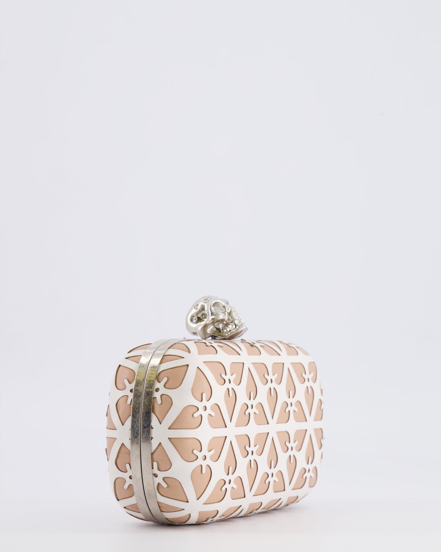 Alexander McQueen Beige and White Leather Laser Cut Skull Box Chain Clutch Bag with Silver and Crystal Embellished Skull Detail RRP £2,690