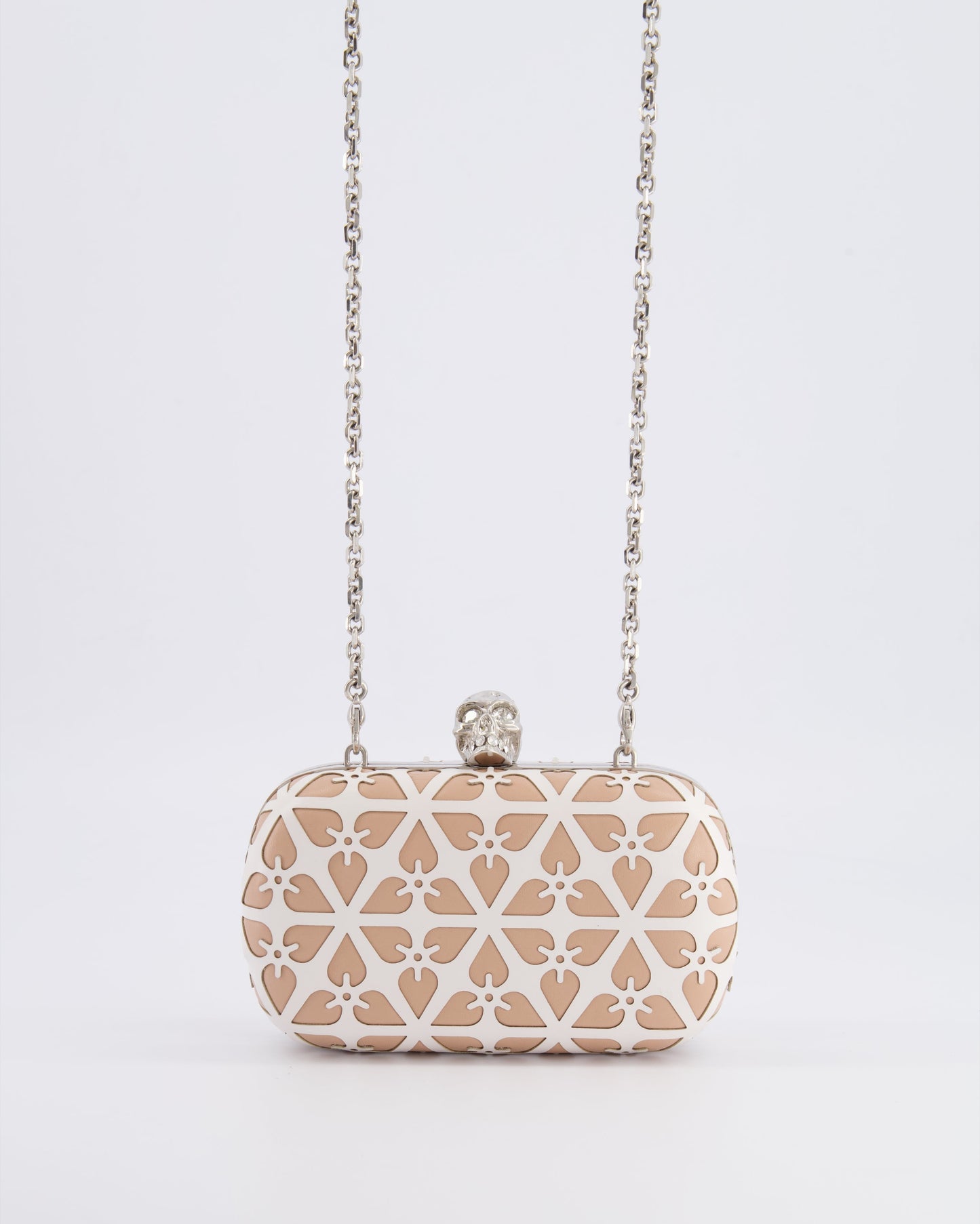 Alexander McQueen Beige and White Leather Laser Cut Skull Box Chain Clutch Bag with Silver and Crystal Embellished Skull Detail RRP £2,690