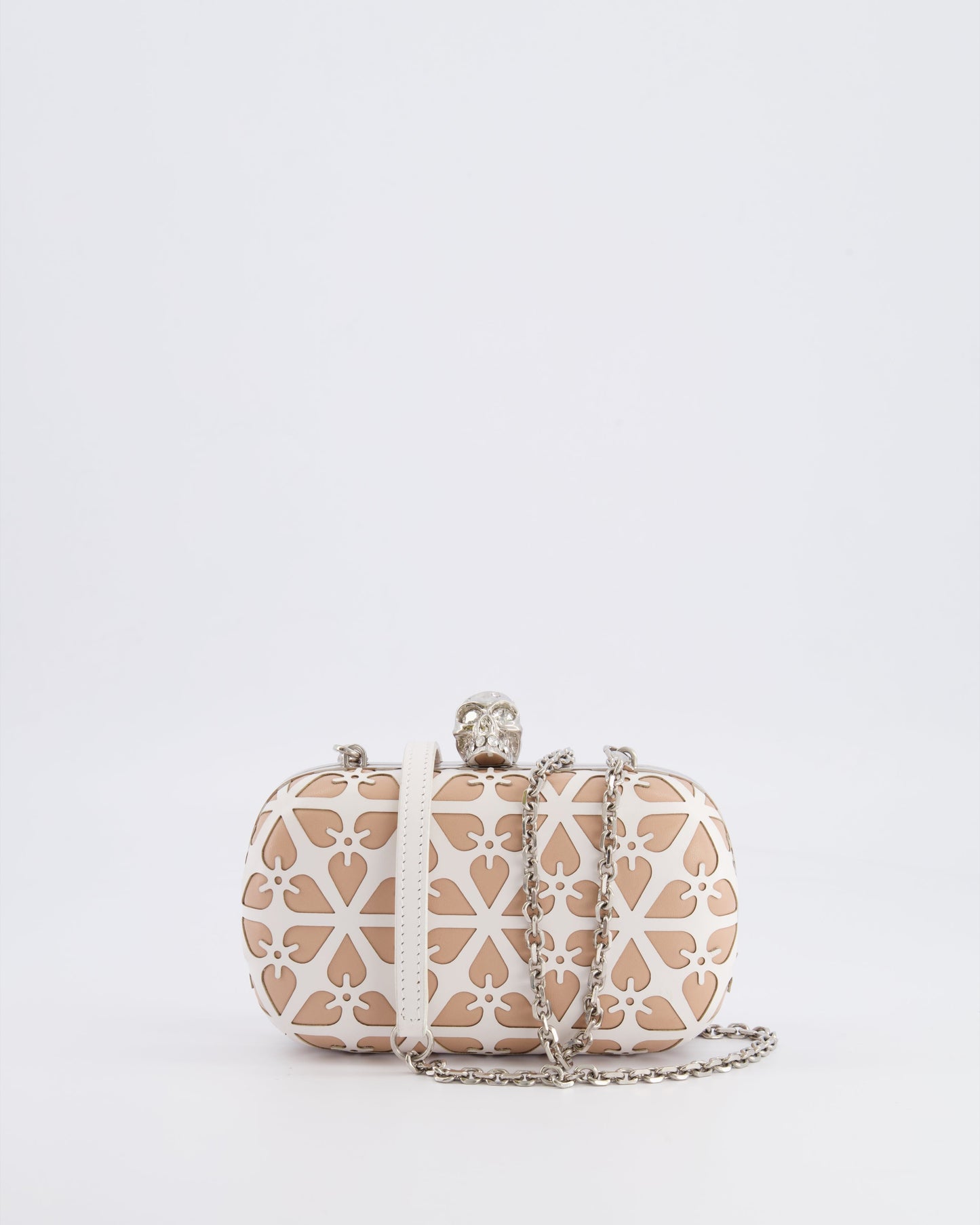Alexander McQueen Beige and White Leather Laser Cut Skull Box Chain Clutch Bag with Silver and Crystal Embellished Skull Detail RRP £2,690