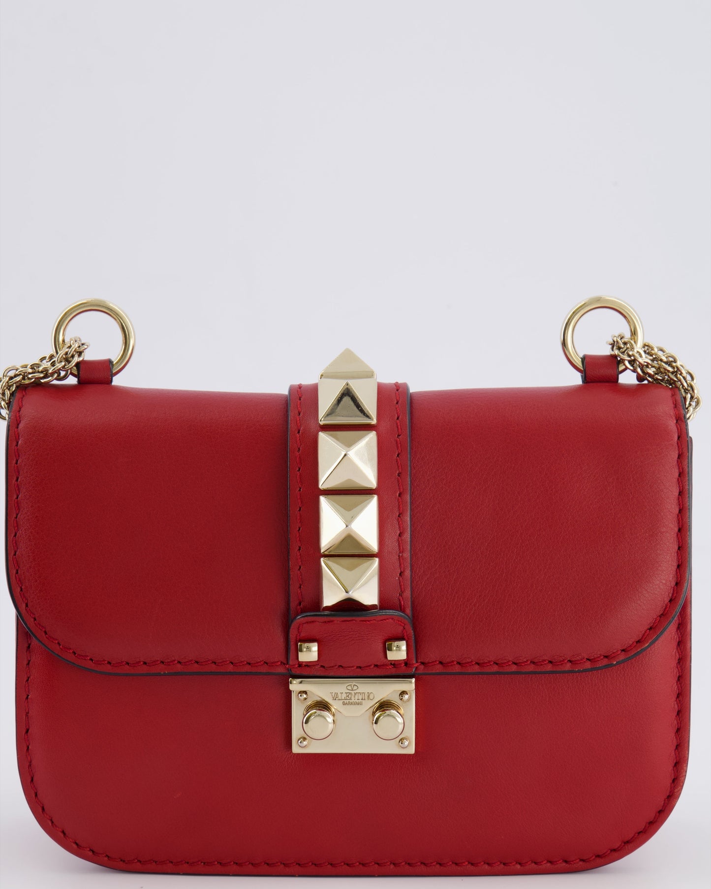 Valentino Red Leather Rockstud Glam Lock Bag with Gold Hardware