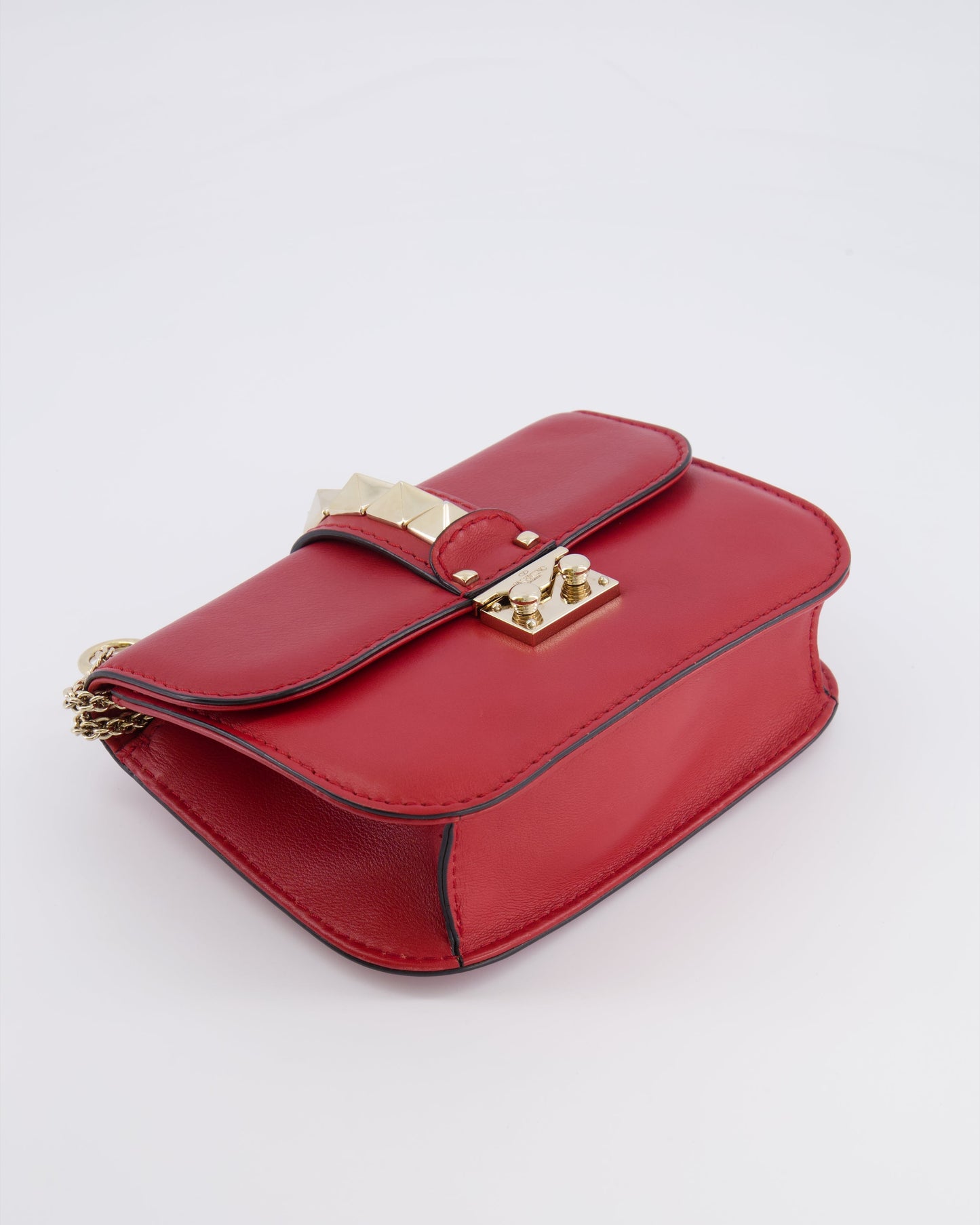 Valentino Red Leather Rockstud Glam Lock Bag with Gold Hardware