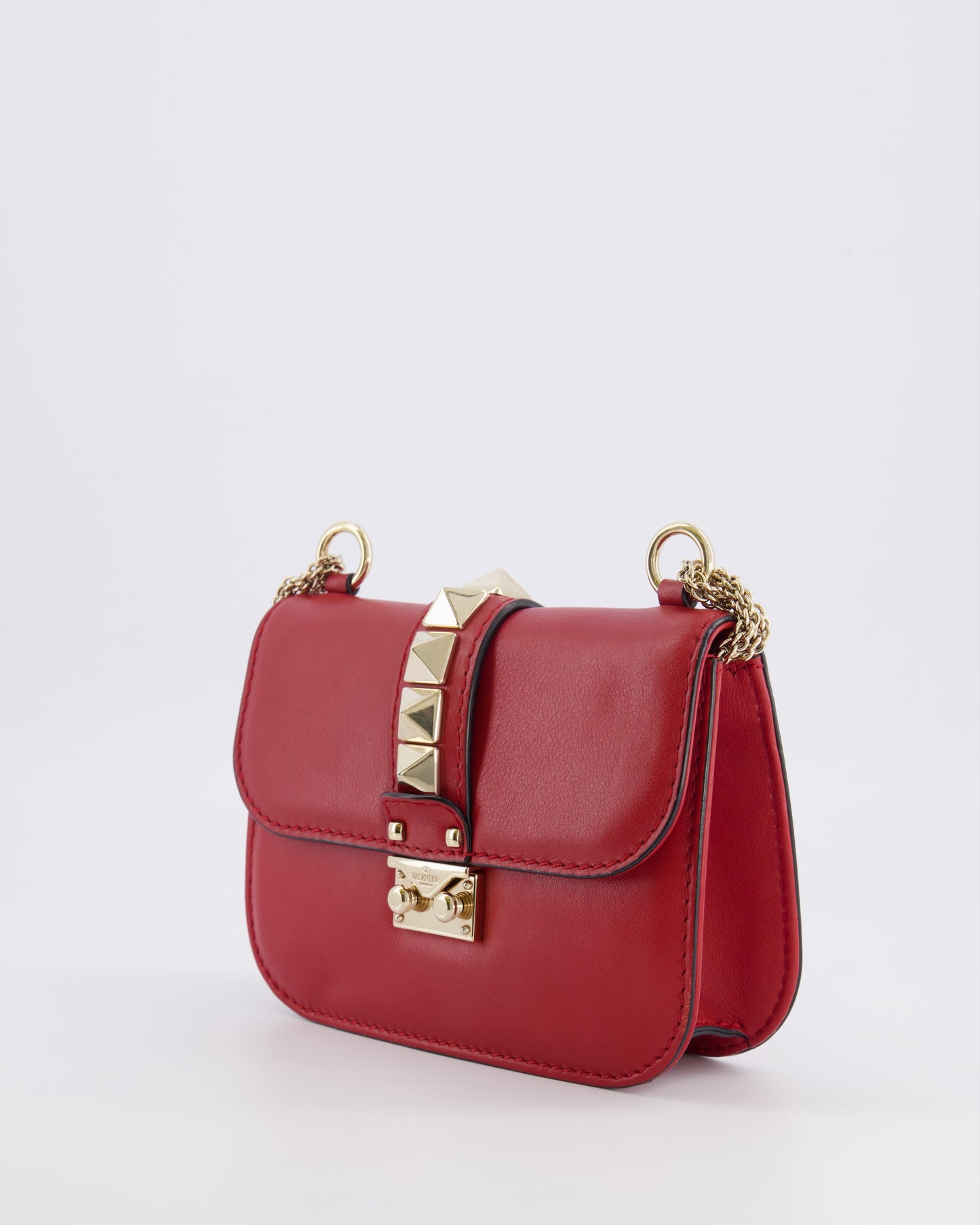 Valentino Red Leather Rockstud Glam Lock Bag with Gold Hardware