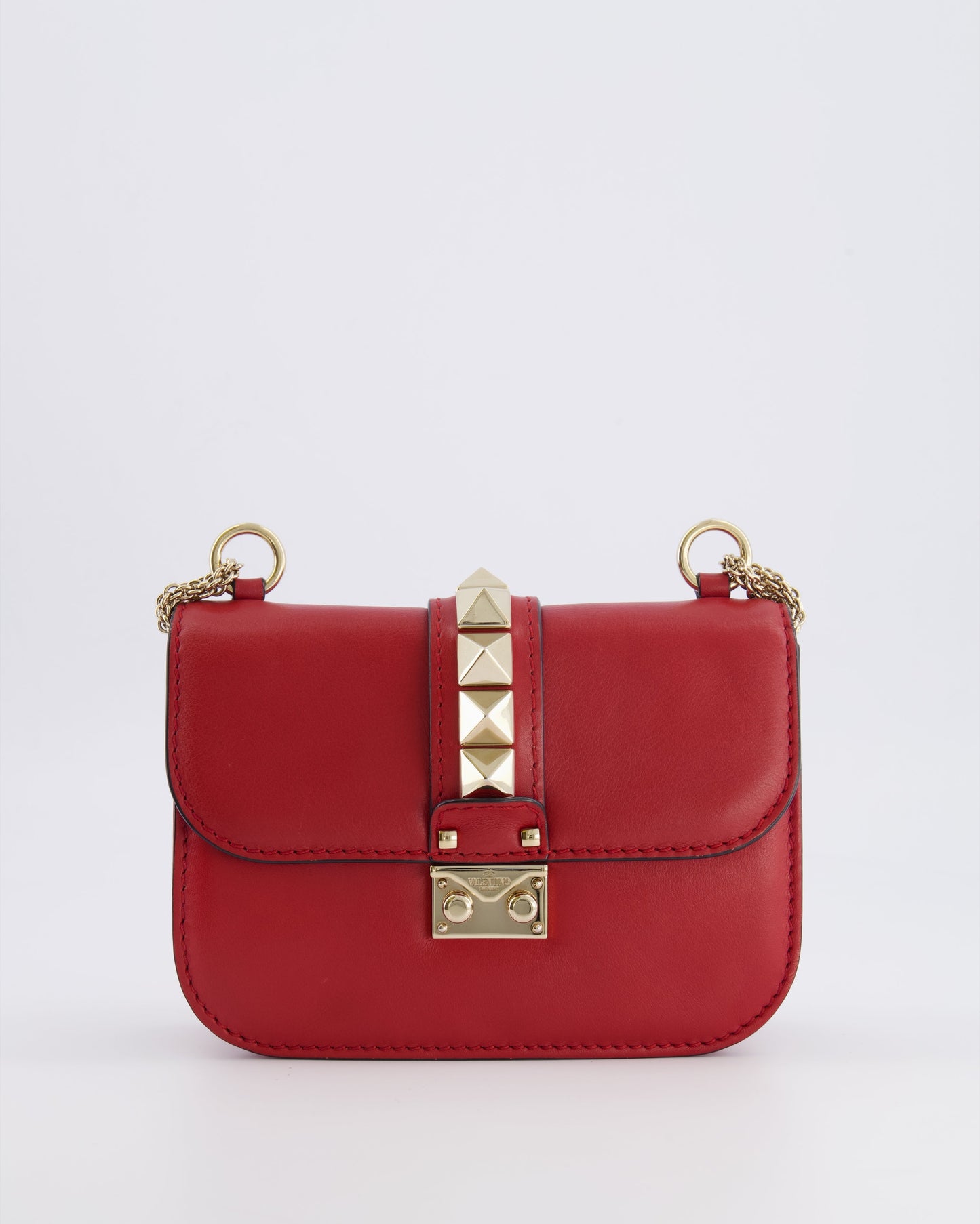 Valentino Red Leather Rockstud Glam Lock Bag with Gold Hardware