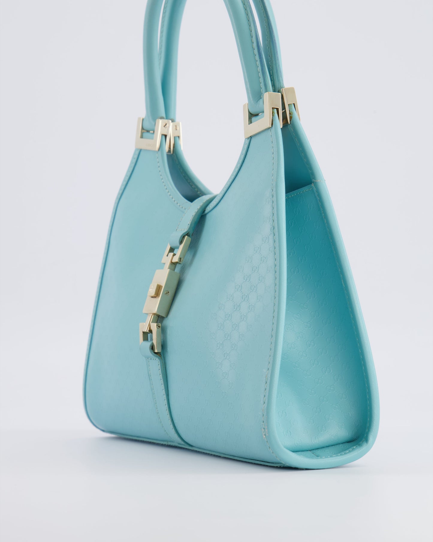 Gucci Baby Blue   GG Leather Small Jackie Bag with Champagne Gold Hardware