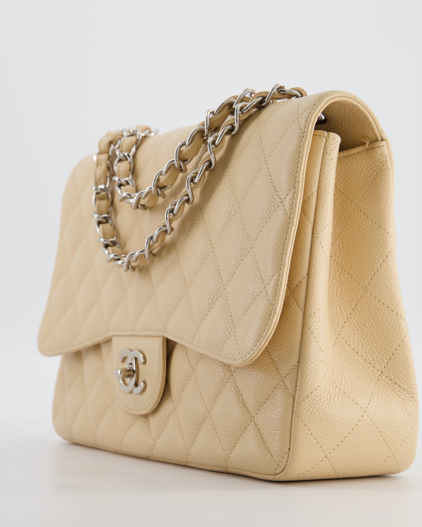 Chanel Beige Jumbo Classic Single Flap Bag in Caviar Leather with Silver Hardware