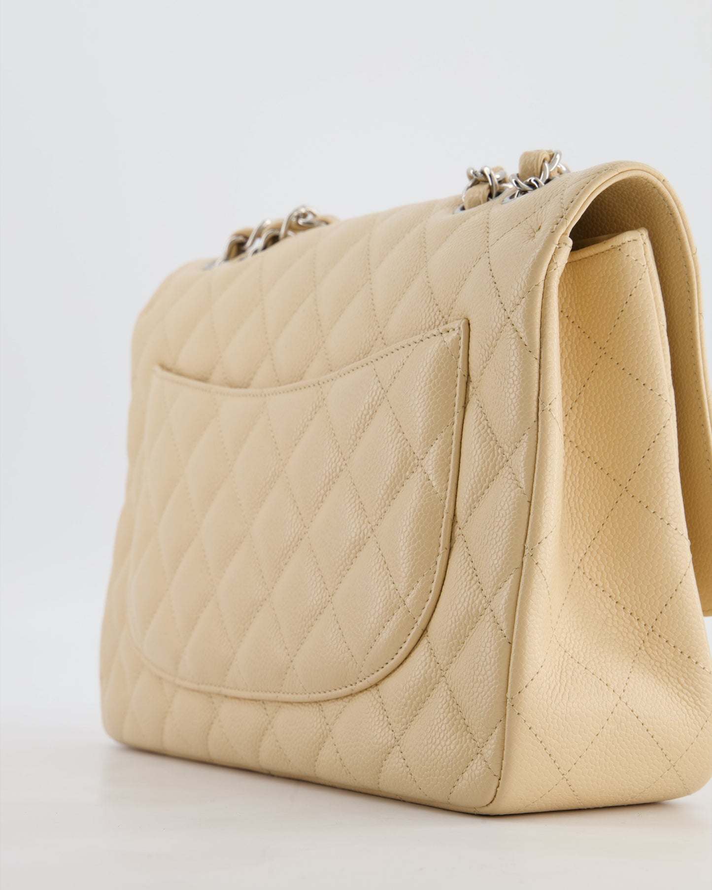 Chanel Beige Jumbo Classic Single Flap Bag in Caviar Leather with Silver Hardware
