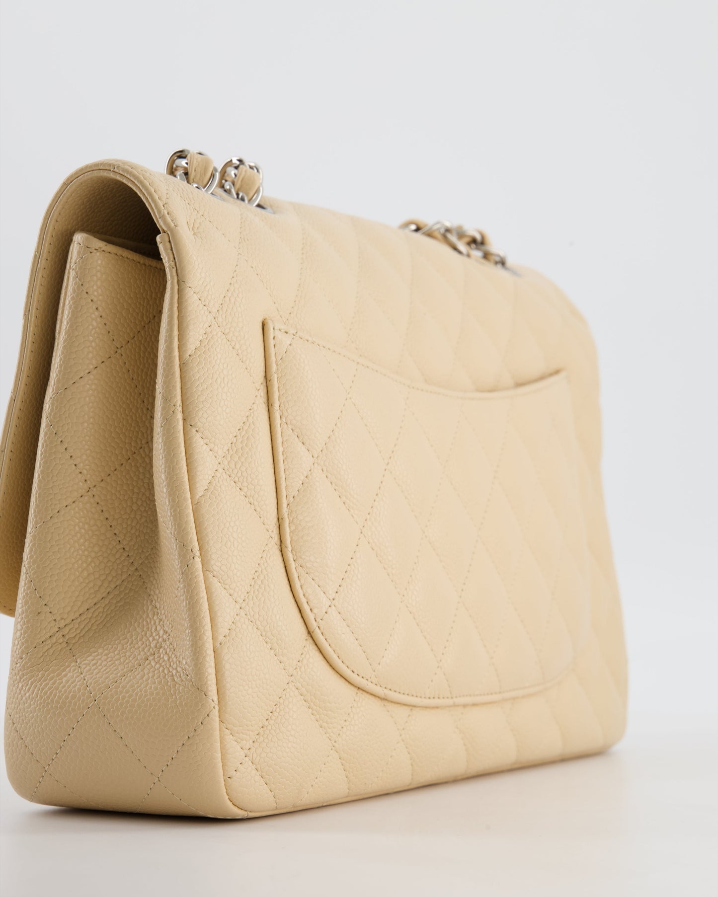 Chanel Beige Jumbo Classic Single Flap Bag in Caviar Leather with Silver Hardware
