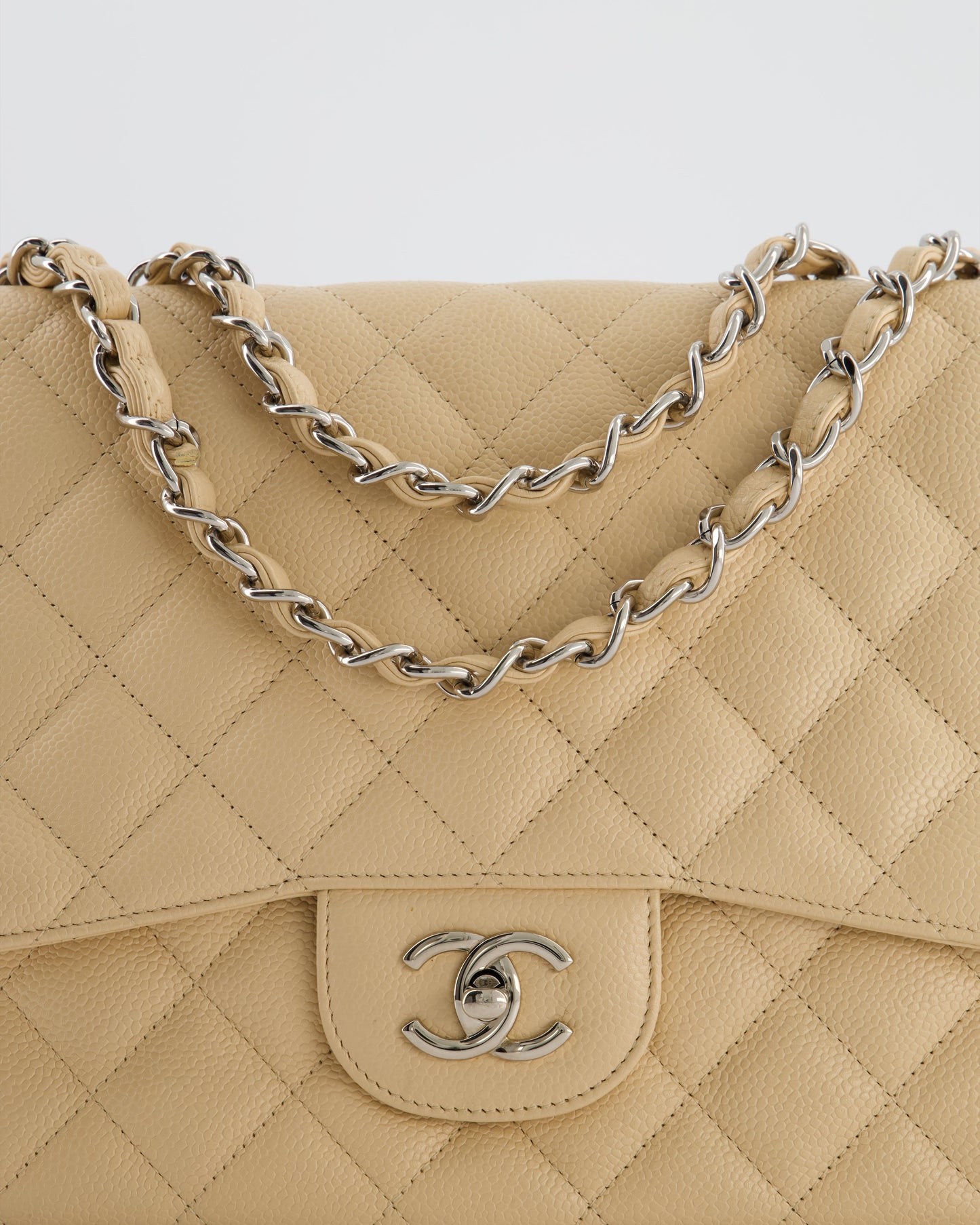 Chanel Beige Jumbo Classic Single Flap Bag in Caviar Leather with Silver Hardware