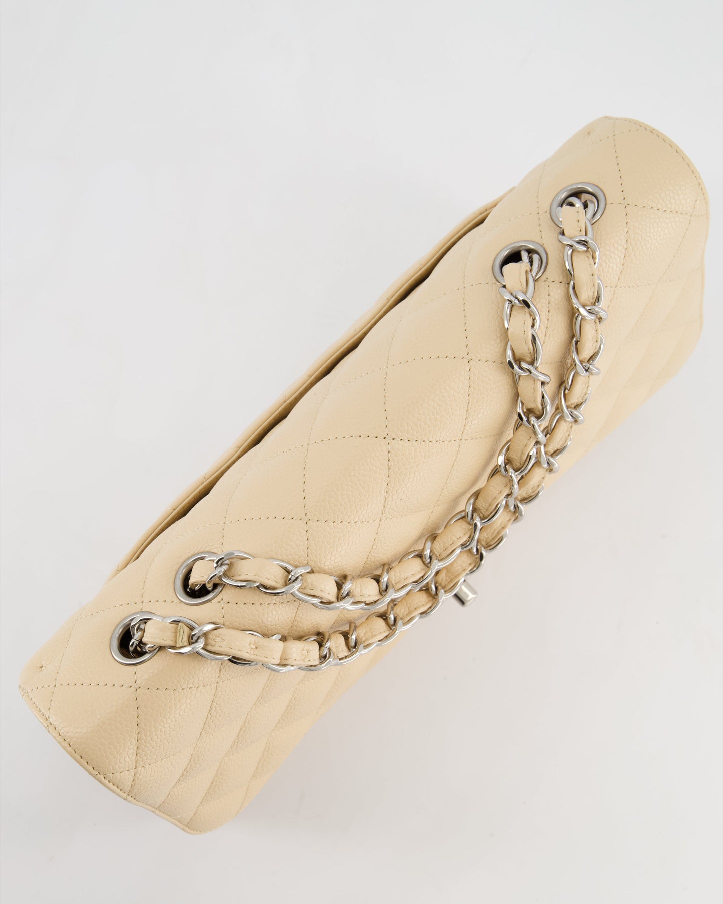 Chanel Beige Jumbo Classic Single Flap Bag in Caviar Leather with Silver Hardware