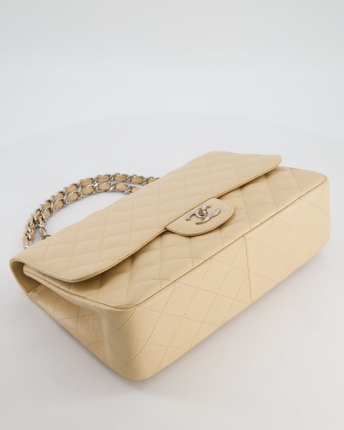 Chanel Beige Jumbo Classic Single Flap Bag in Caviar Leather with Silver Hardware