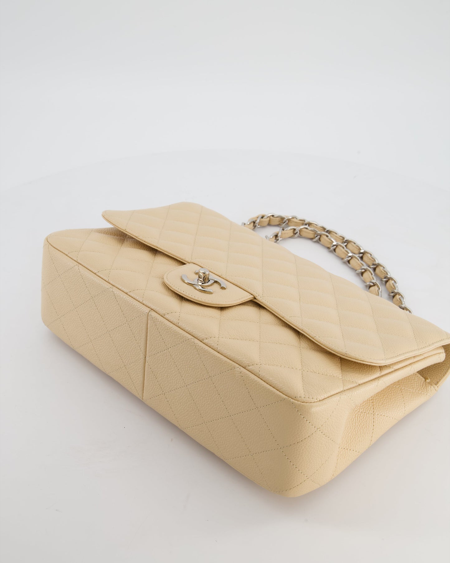Chanel Beige Jumbo Classic Single Flap Bag in Caviar Leather with Silver Hardware