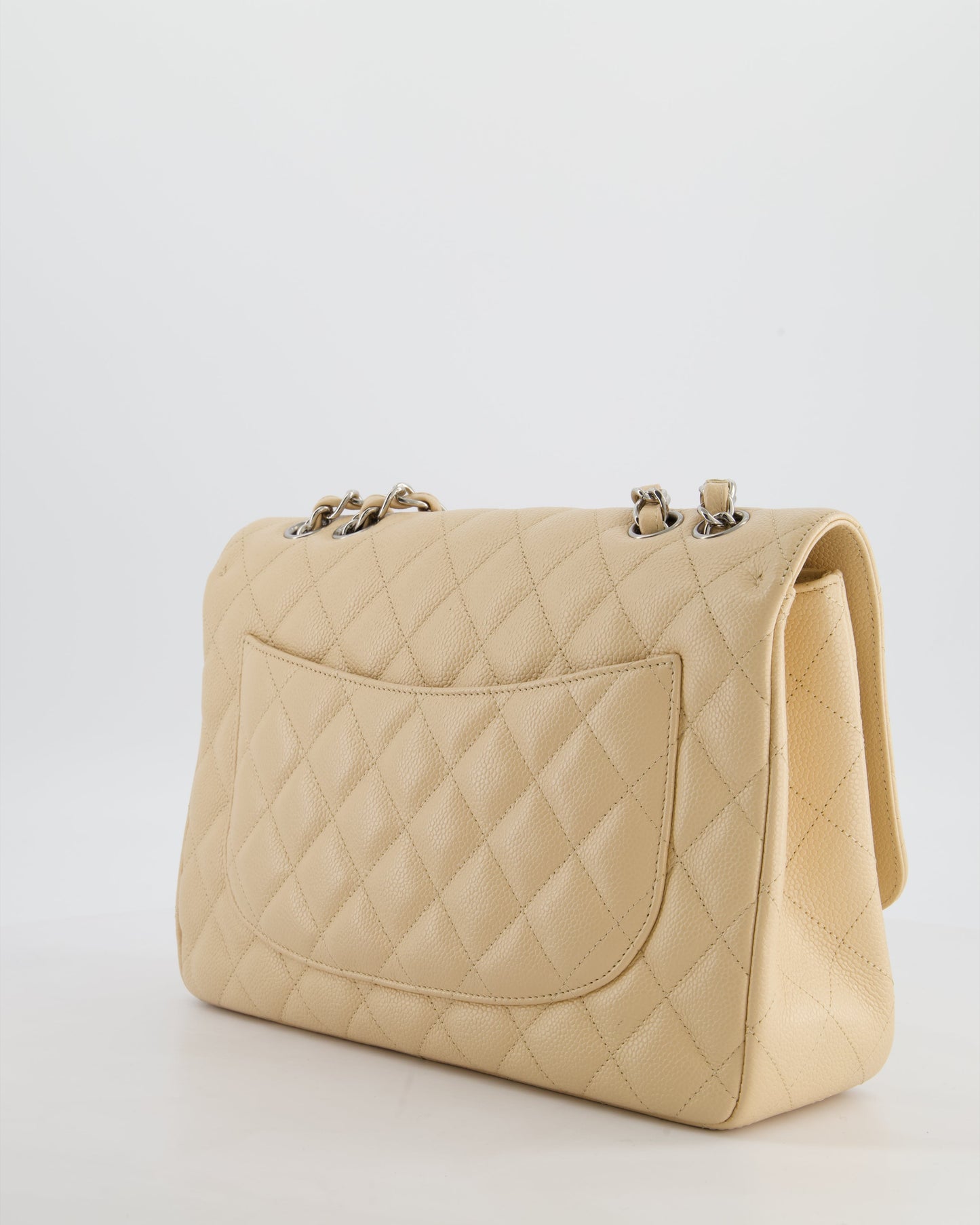 Chanel Beige Jumbo Classic Single Flap Bag in Caviar Leather with Silver Hardware