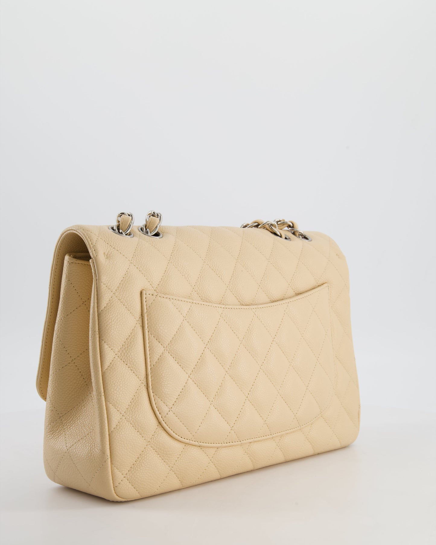 Chanel Beige Jumbo Classic Single Flap Bag in Caviar Leather with Silver Hardware