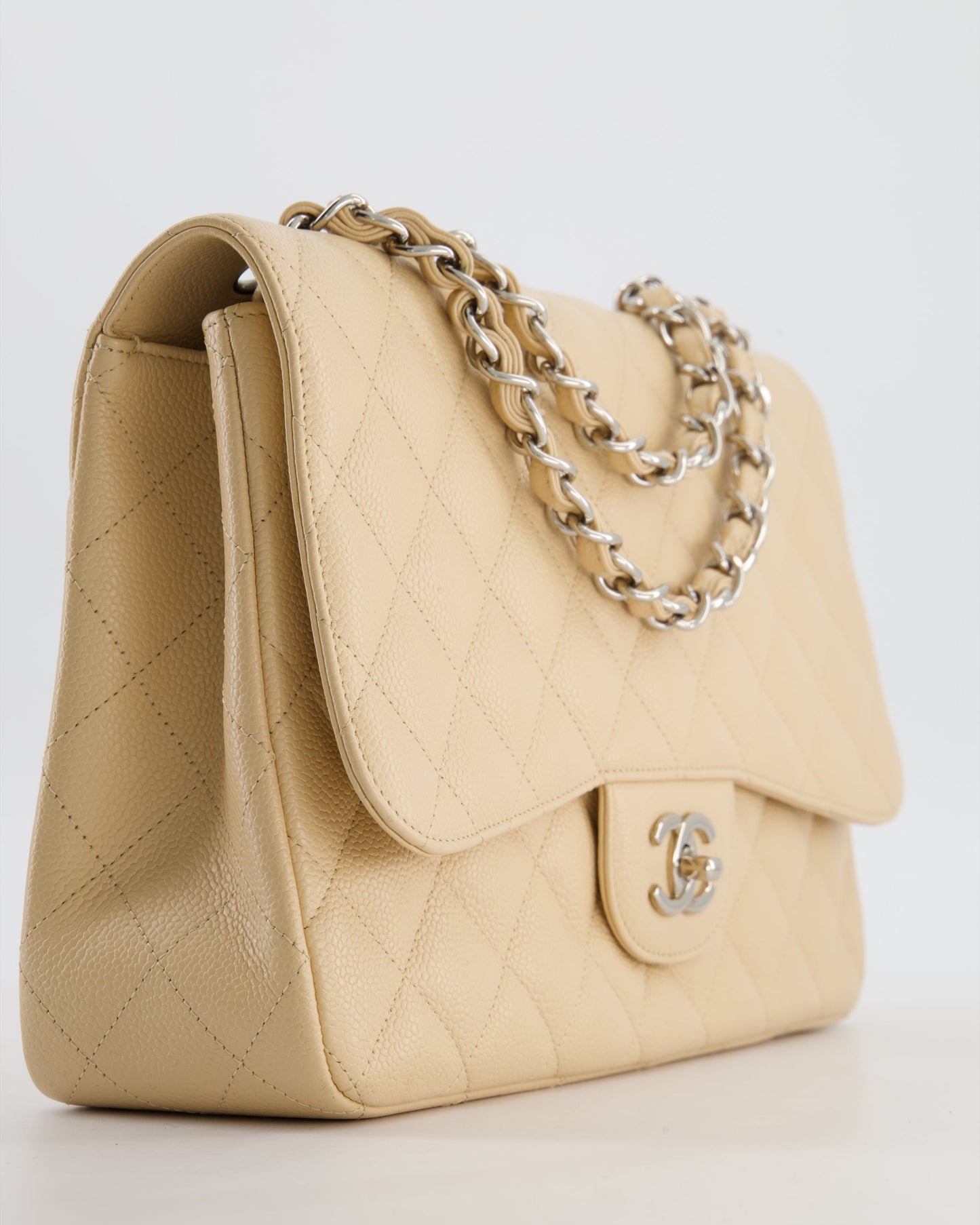 Chanel Beige Jumbo Classic Single Flap Bag in Caviar Leather with Silver Hardware