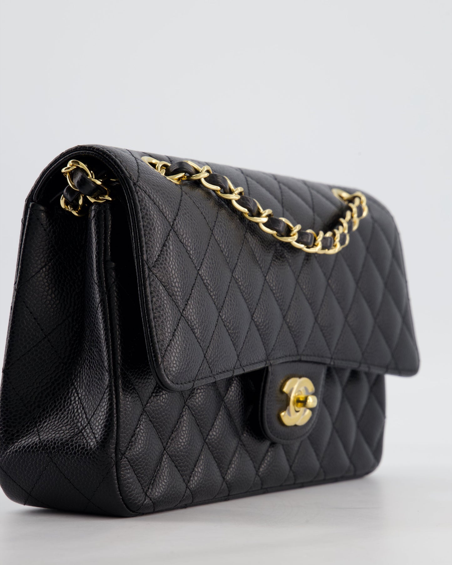 Chanel Medium Black Stitched Edge Classic Double Flap Bag in Caviar Leather with Gold Hardware