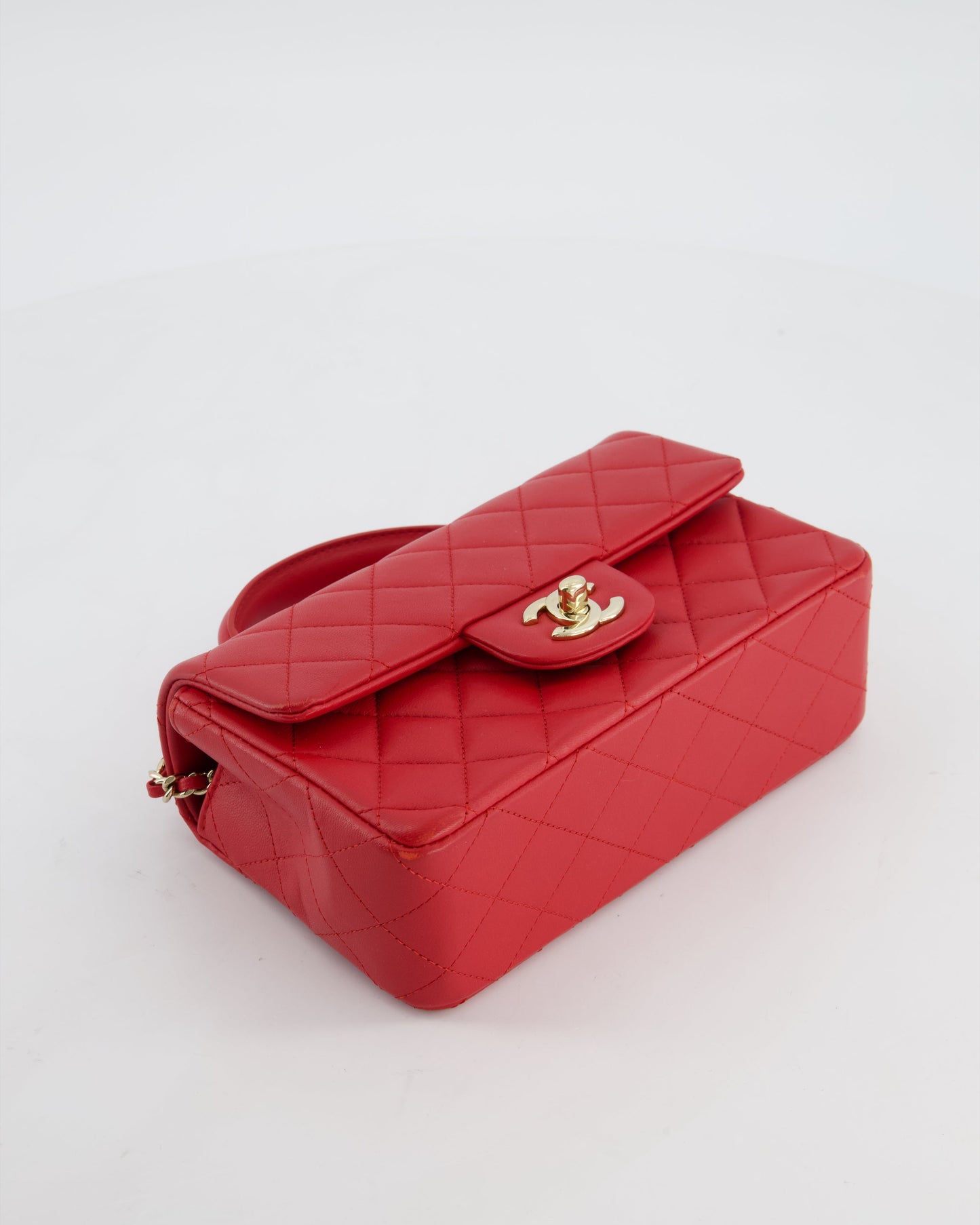 Chanel Mini Rectangular Top Handle Bag in Cherry Red Lambskin Leather with Champagne Gold Hardware