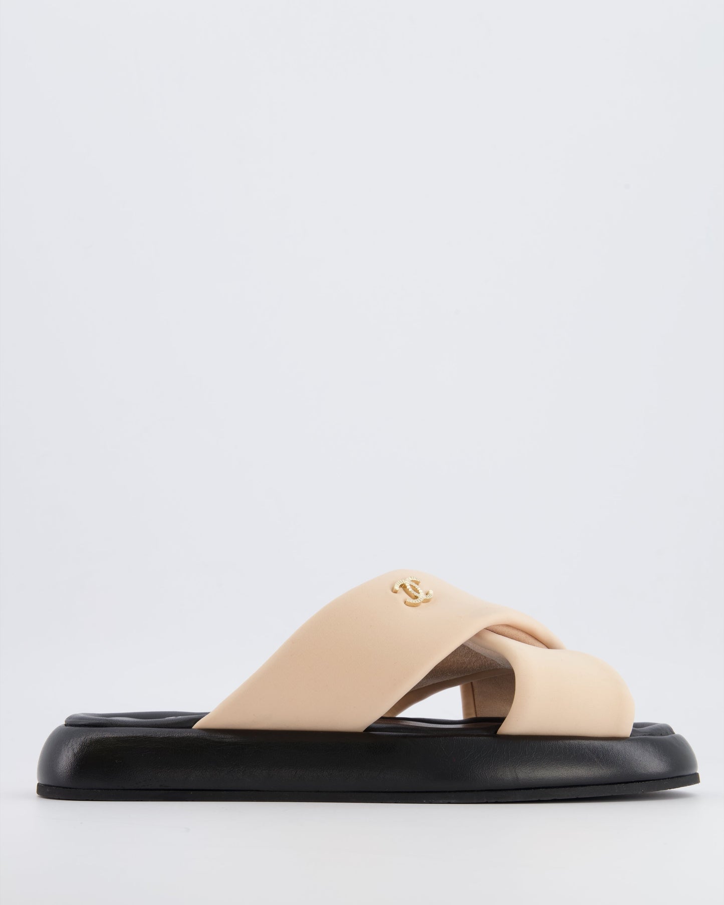 Chanel Beige and Black Leather Slides with Crossover Strap and Gold Textured CC Logo Detail Size EU 40C