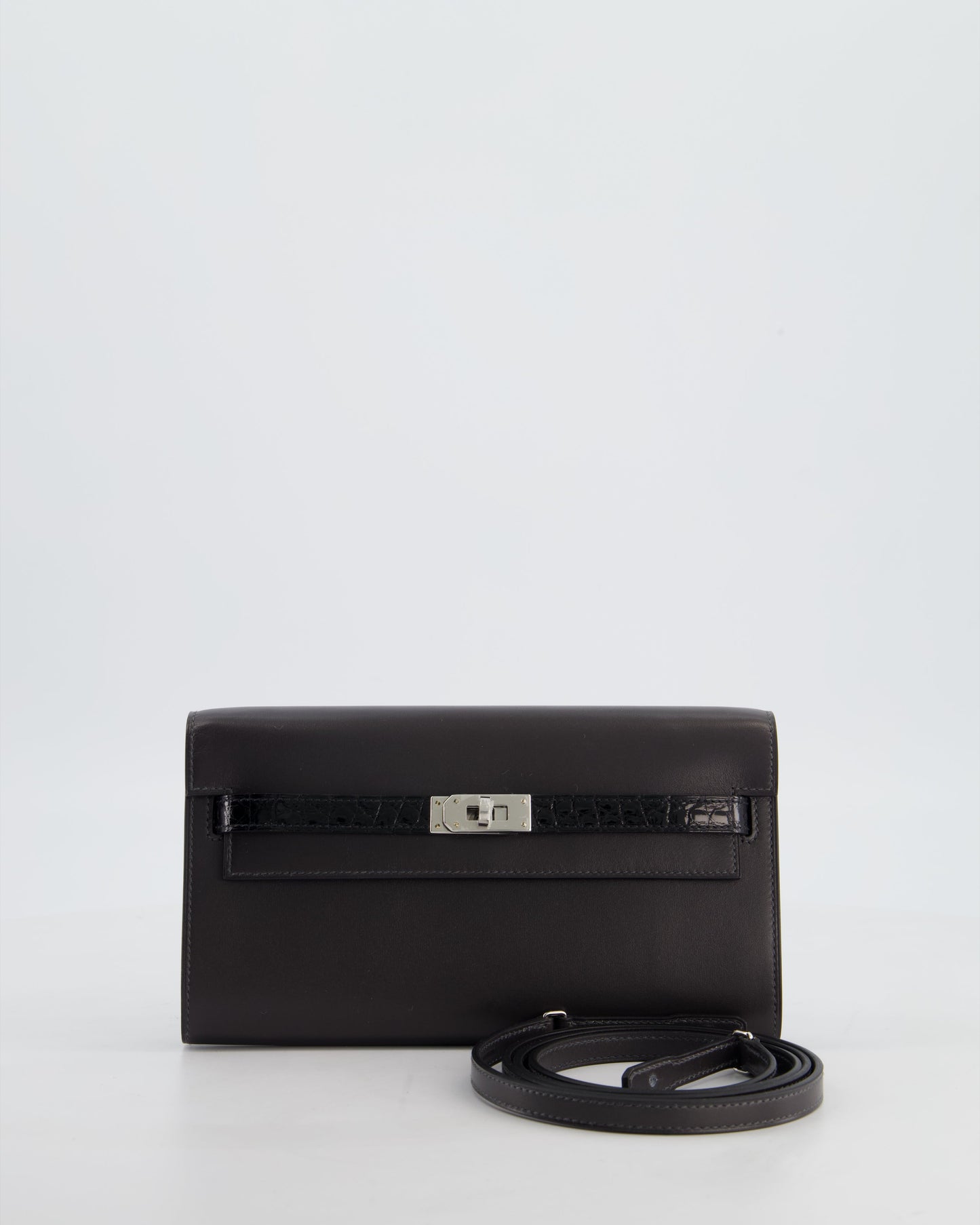 *SUPER RARE* Herm�s Kelly To Go Touch Bag in Graphite Box Calf Leather & Noir Alligator Mississippiensis with Palladium Hardware