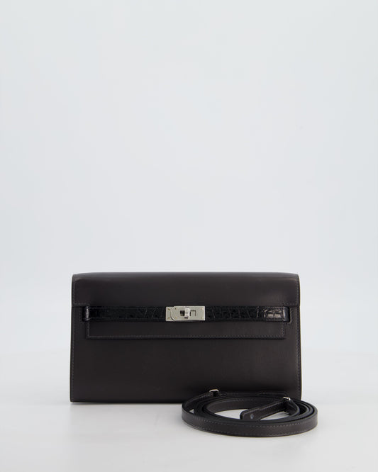 *SUPER RARE* Herm�s Kelly To Go Touch Bag in Graphite Box Calf Leather & Noir Alligator Mississippiensis with Palladium Hardware