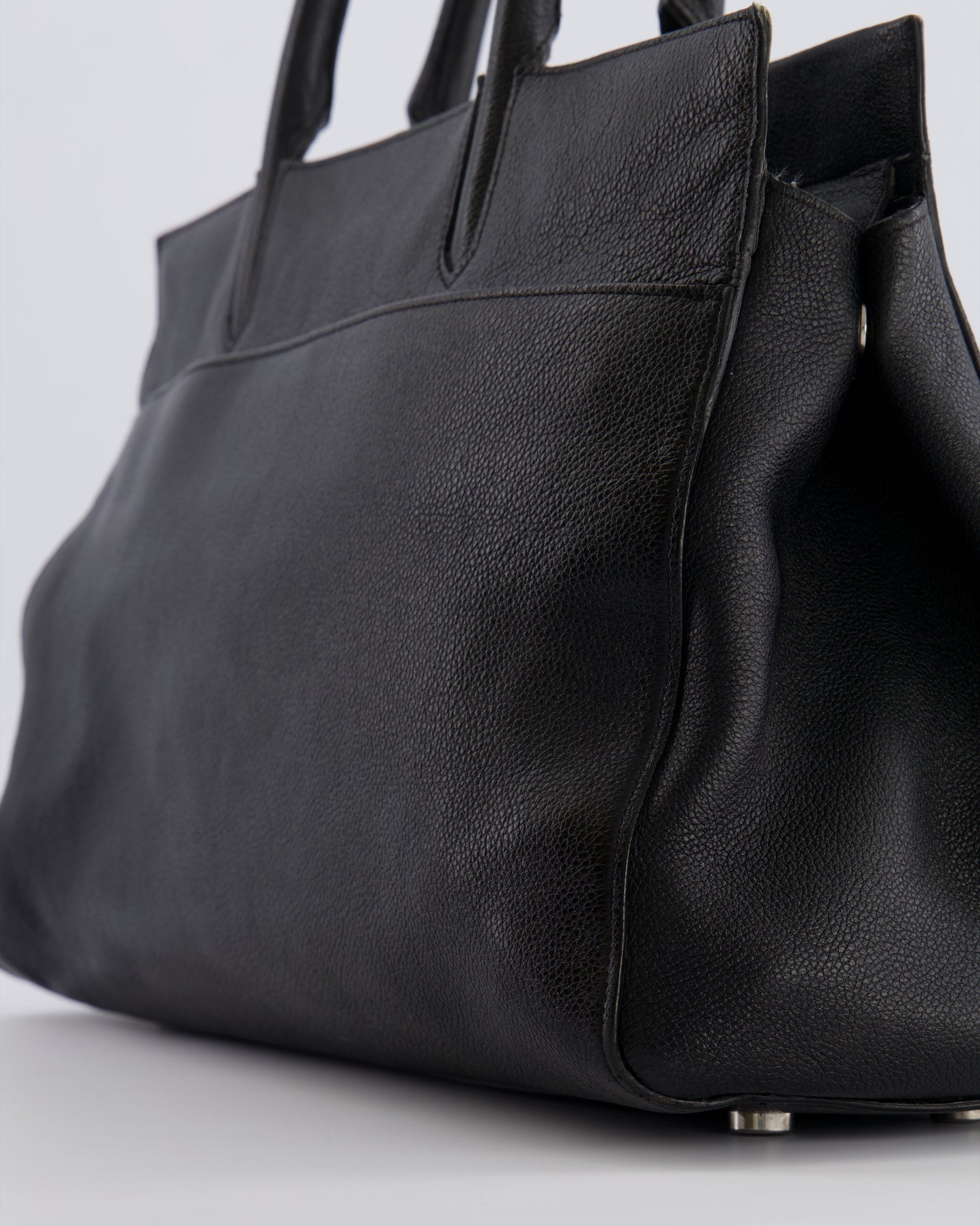 Saint Laurent Black Leather Rive Gauche Tote Bag with Silver Hardware