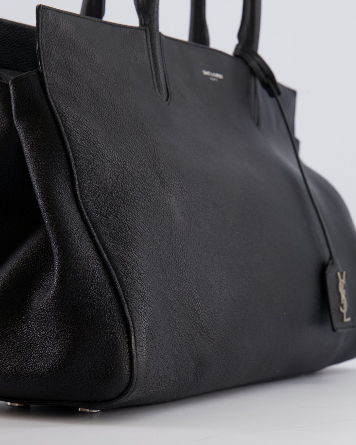 Saint Laurent Black Leather Rive Gauche Tote Bag with Silver Hardware