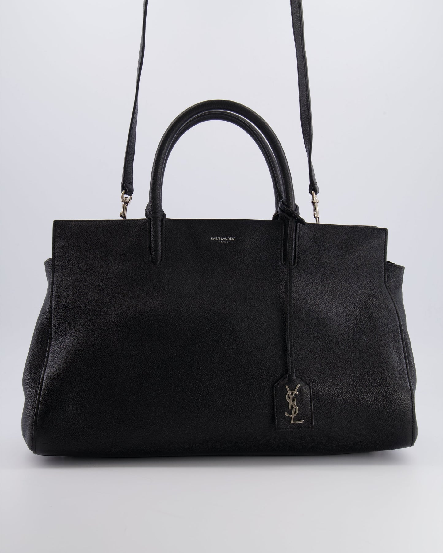 Saint Laurent Black Leather Rive Gauche Tote Bag with Silver Hardware