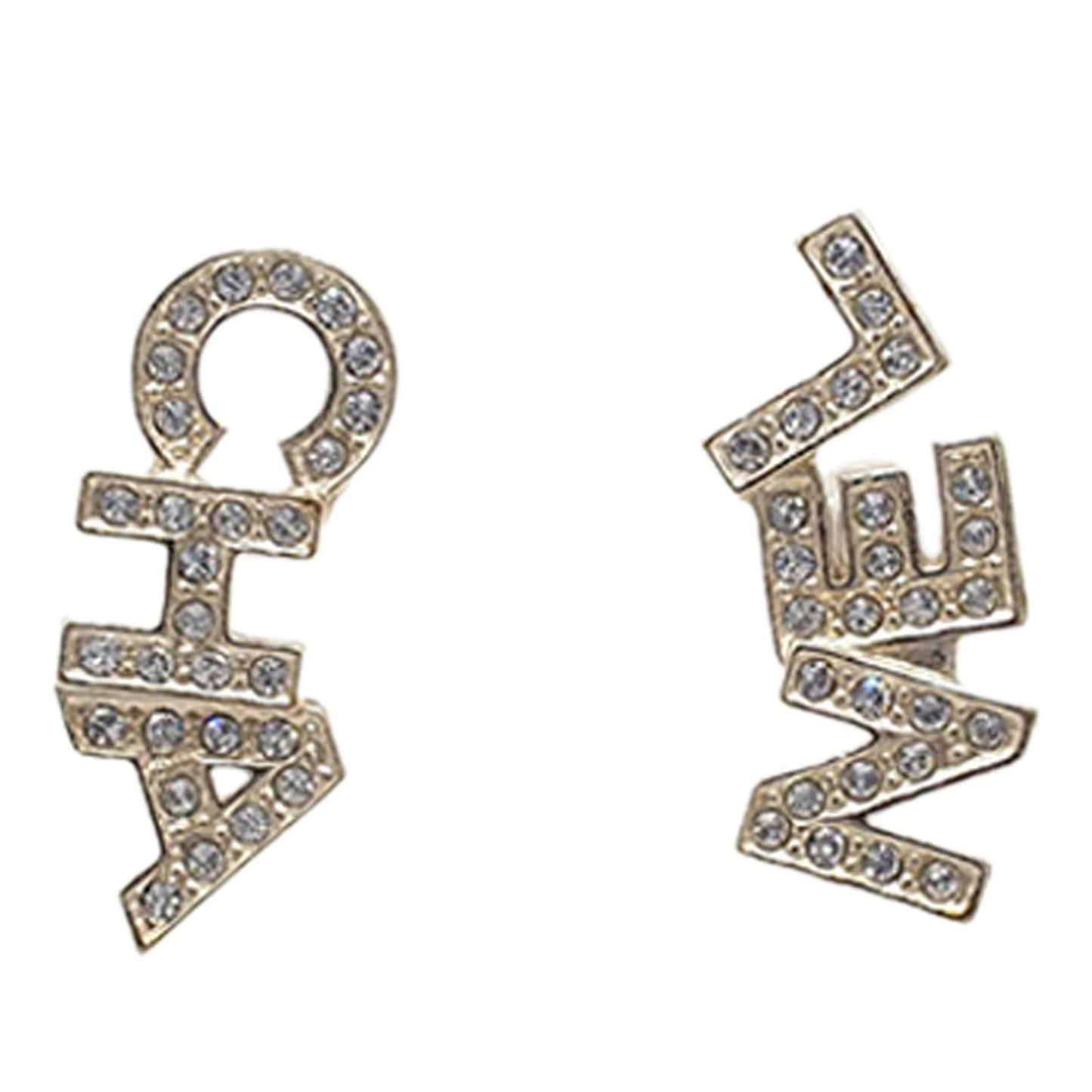 Gold Chanel CC Gold Plated Crystals Logo Push Back Earrings