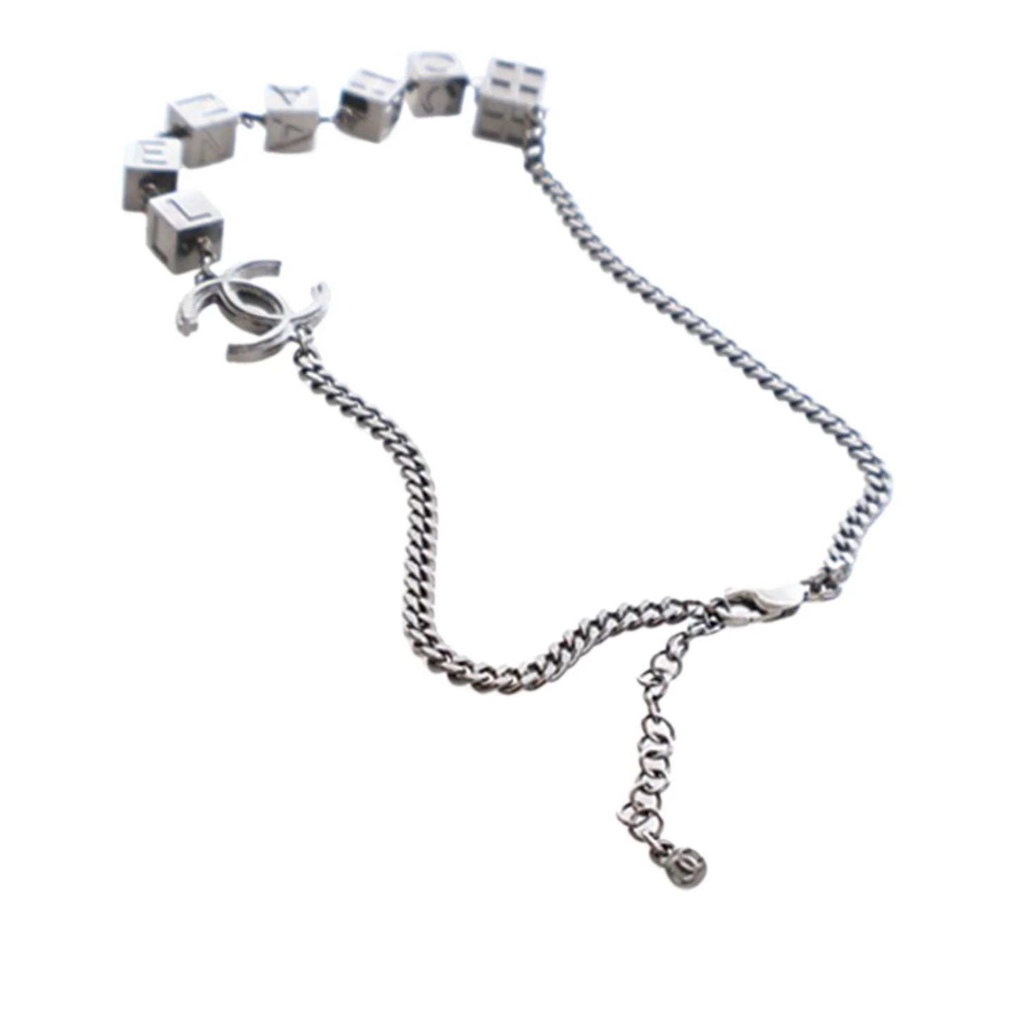 Silver Chanel CC Ruthenium Plated Logo Chain Choker Necklace