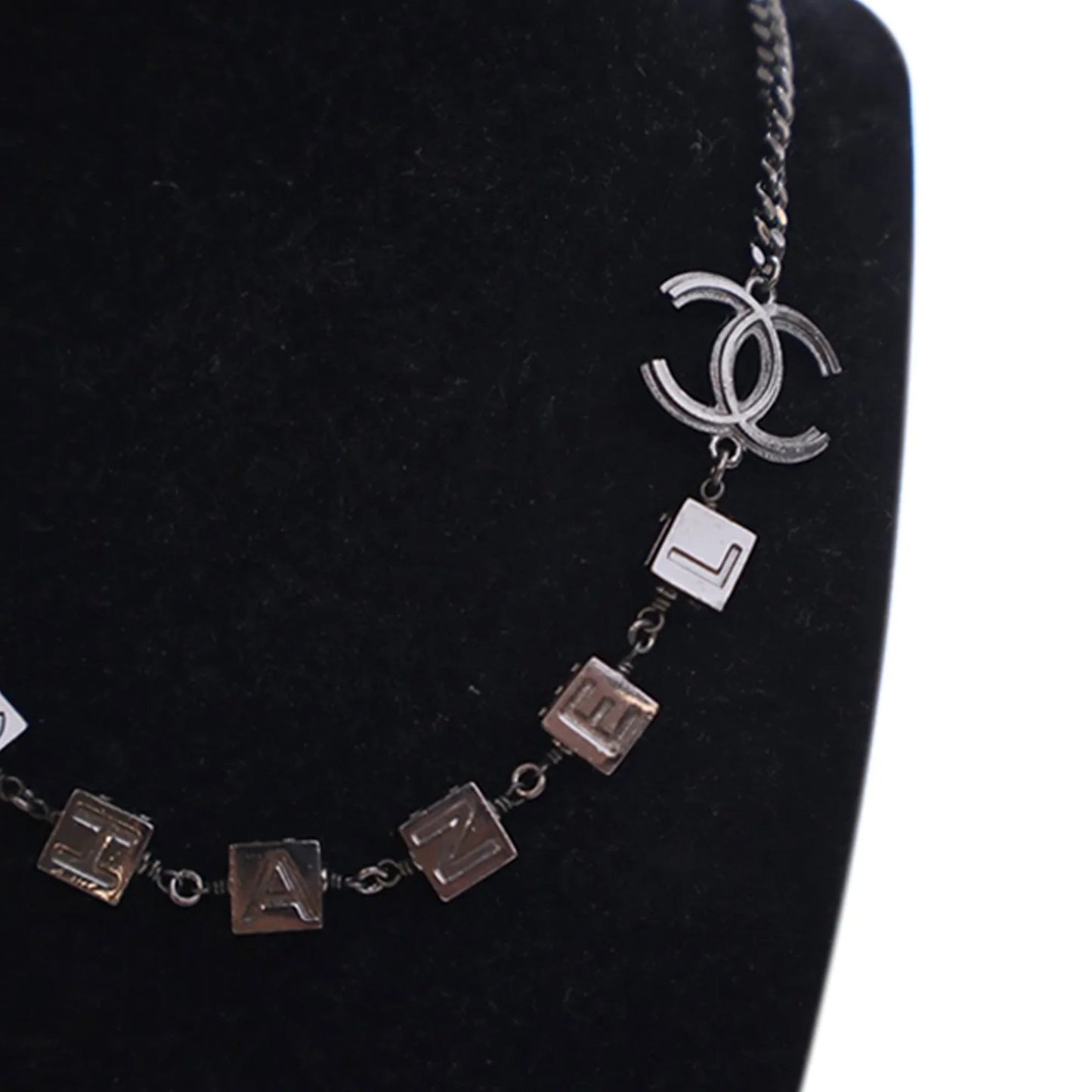 Silver Chanel CC Ruthenium Plated Logo Chain Choker Necklace