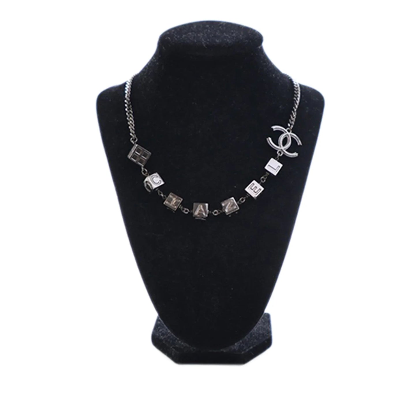 Silver Chanel CC Ruthenium Plated Logo Chain Choker Necklace