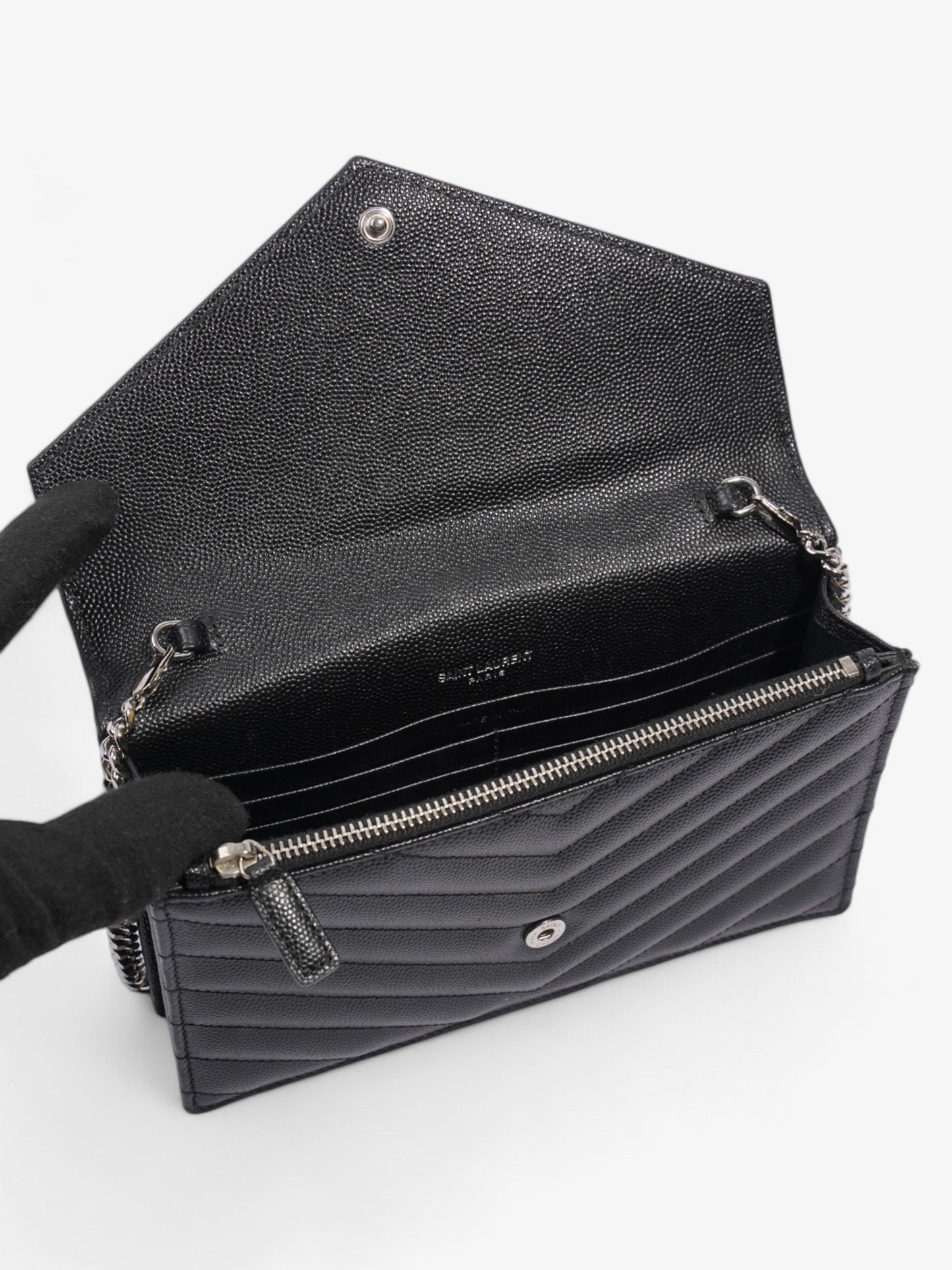 Saint Laurent Cassandre Envelope Chain Wallet Black Grained Leather