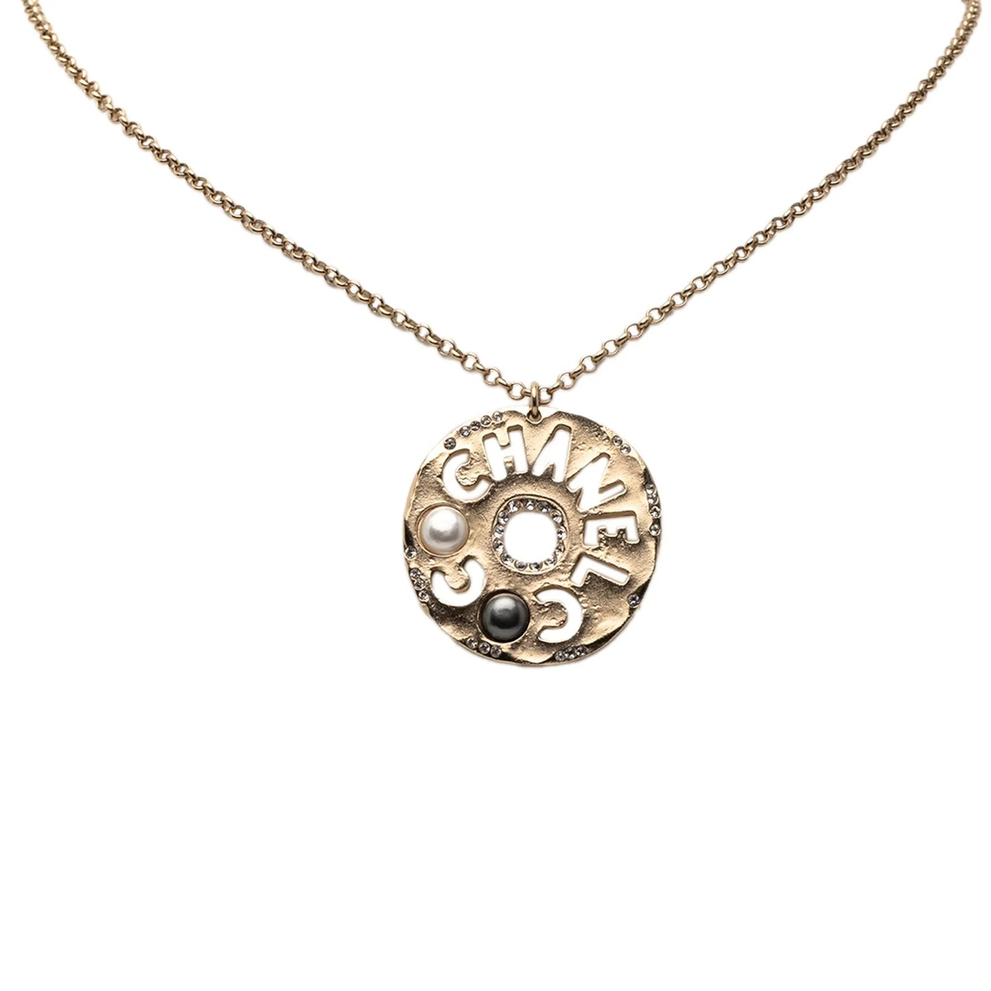 Gold Chanel Gold Plated Faux Pearl and Rhinestone Logo Pendant Necklace