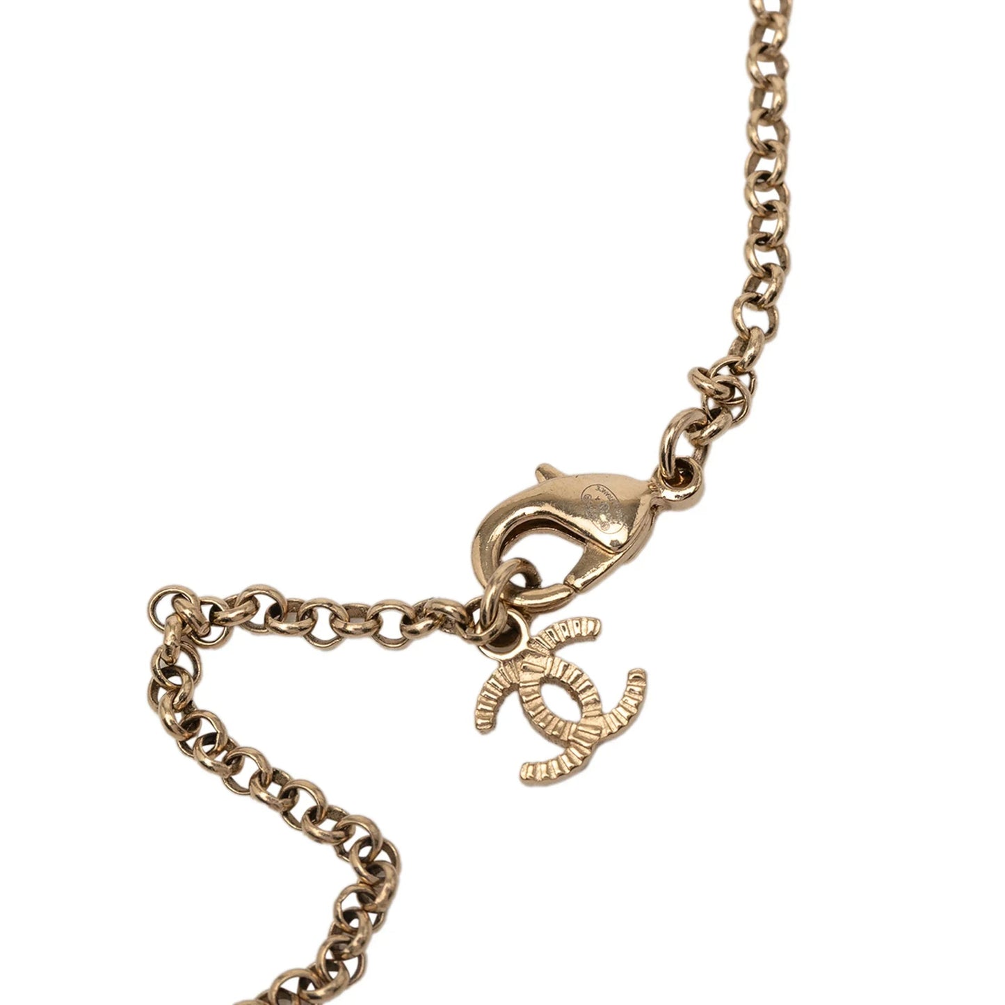 Gold Chanel Gold Plated Faux Pearl and Rhinestone Logo Pendant Necklace