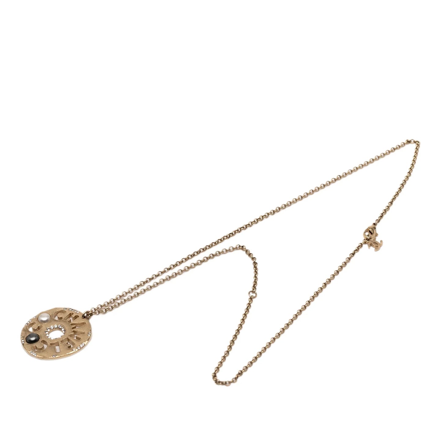Gold Chanel Gold Plated Faux Pearl and Rhinestone Logo Pendant Necklace