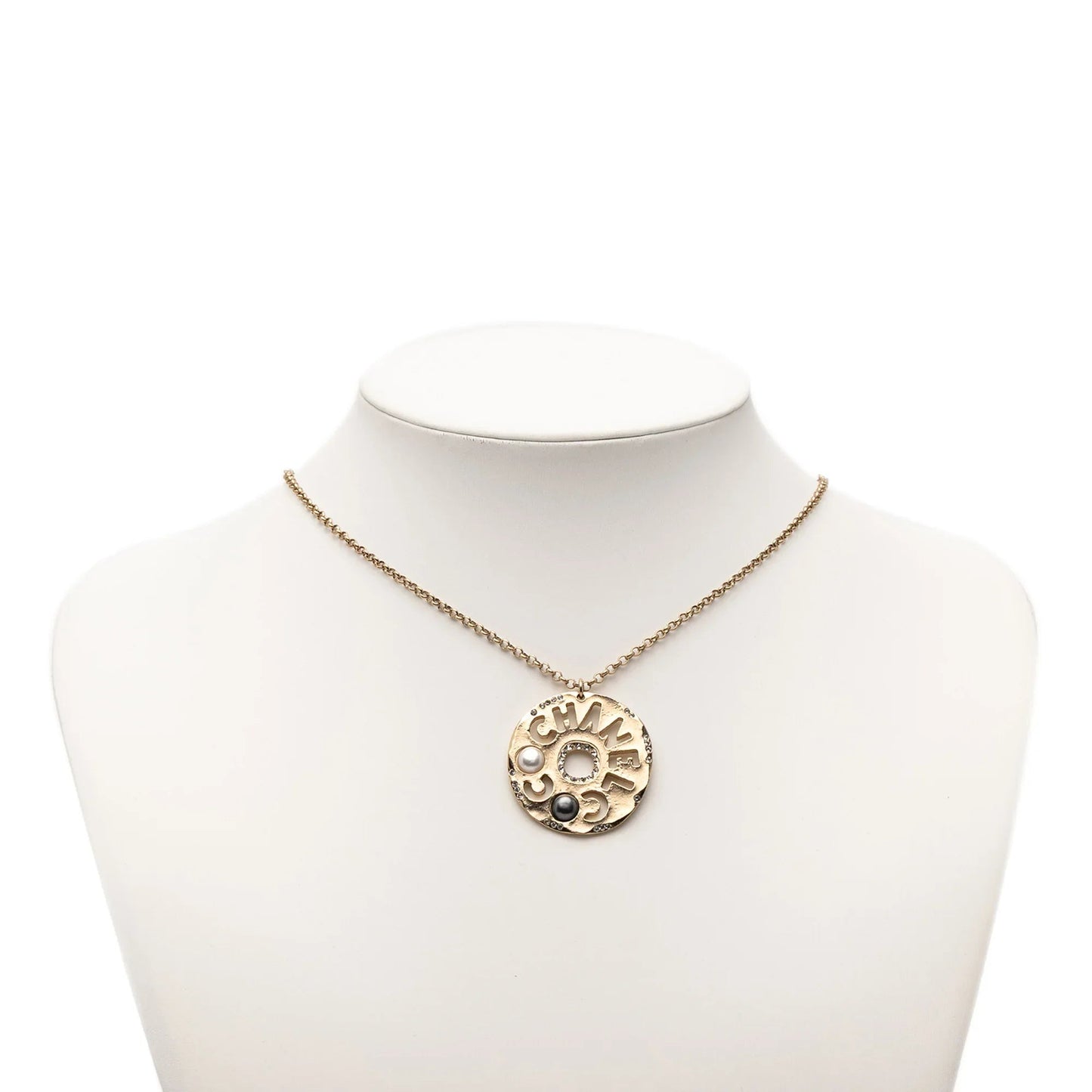 Gold Chanel Gold Plated Faux Pearl and Rhinestone Logo Pendant Necklace